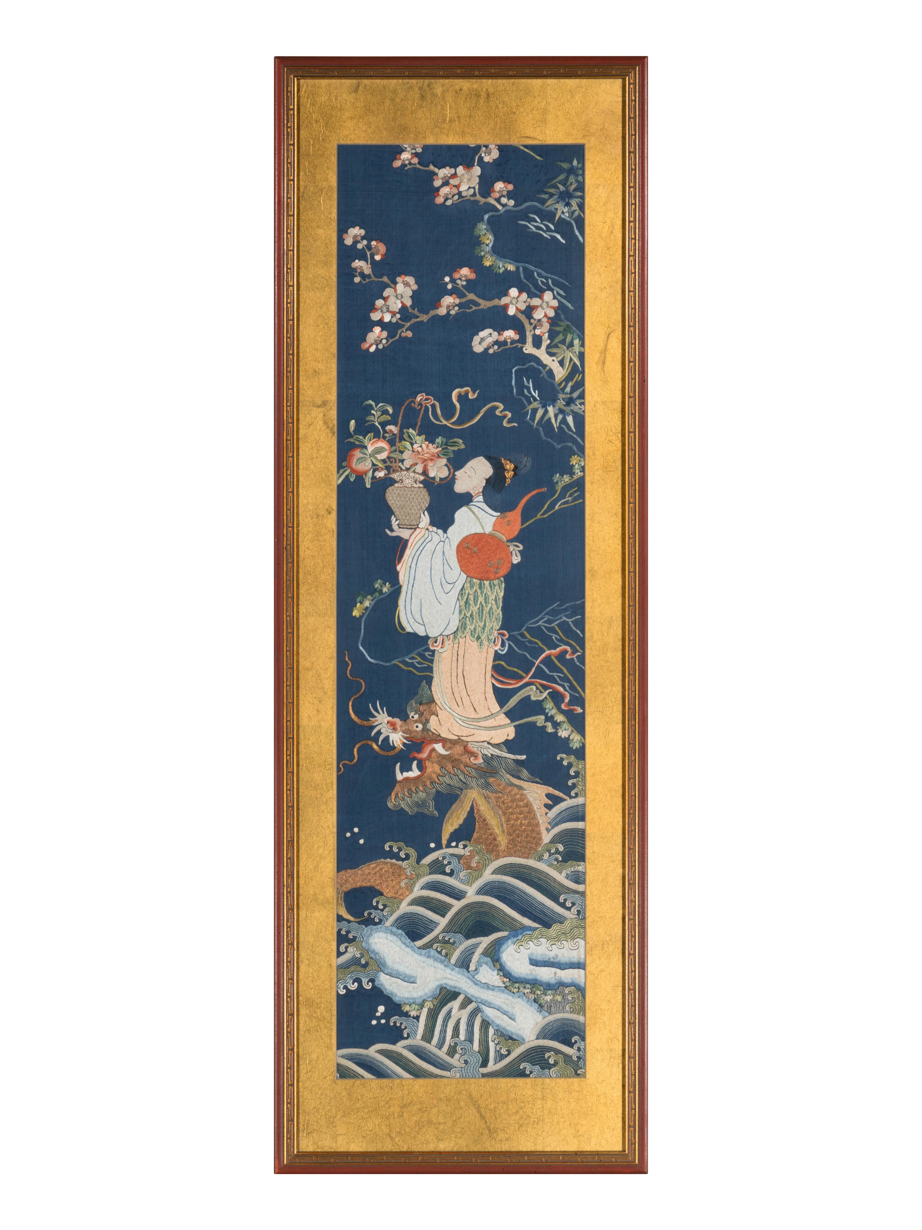 Two Chinese Embroidered Silk Panels, 19th Century 清晚期 藍地麻姑獻壽及雙龍戲珠綉片兩幅