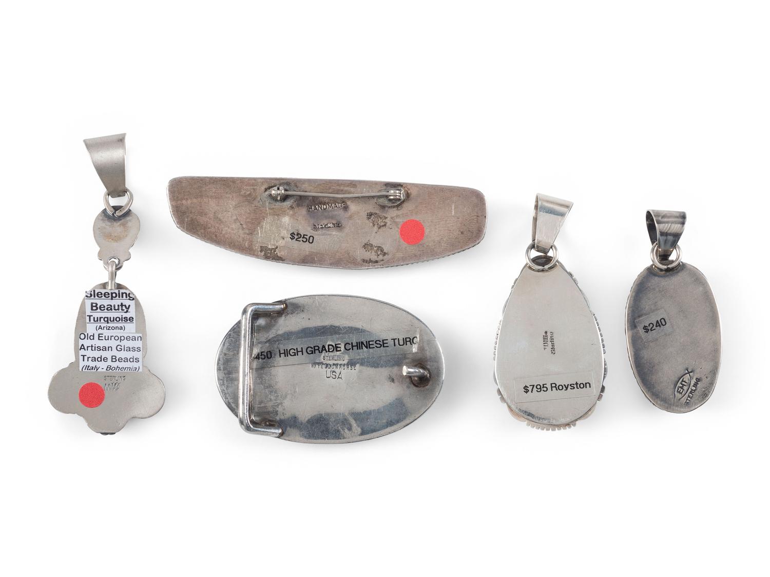 Navajo and Southwestern-style Silver Pendants, Pins, and Belt Buckle