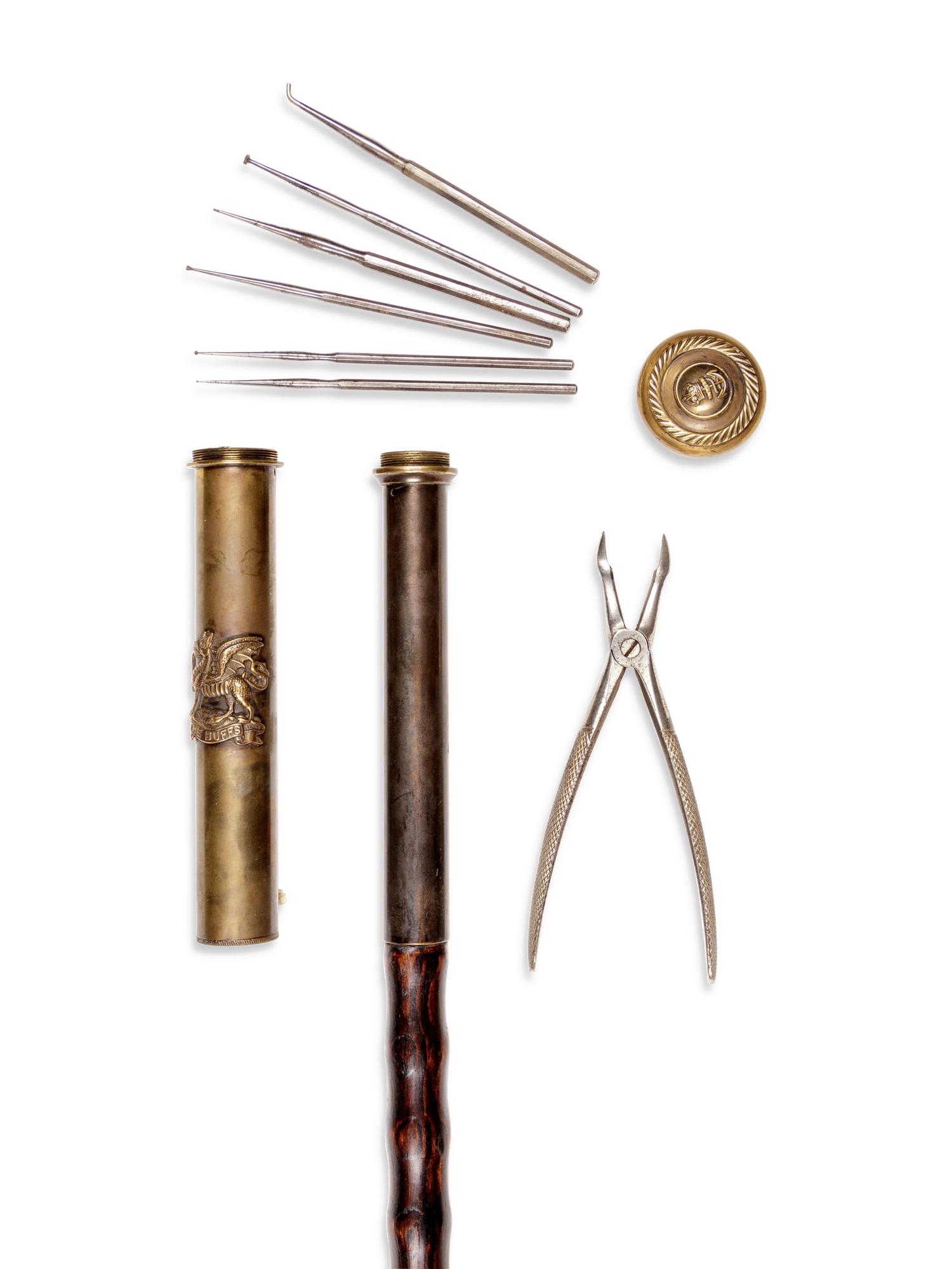 An English Silvered Metal Mounted Brass 'The Buffs' Regiment Dentist's Walking Stick