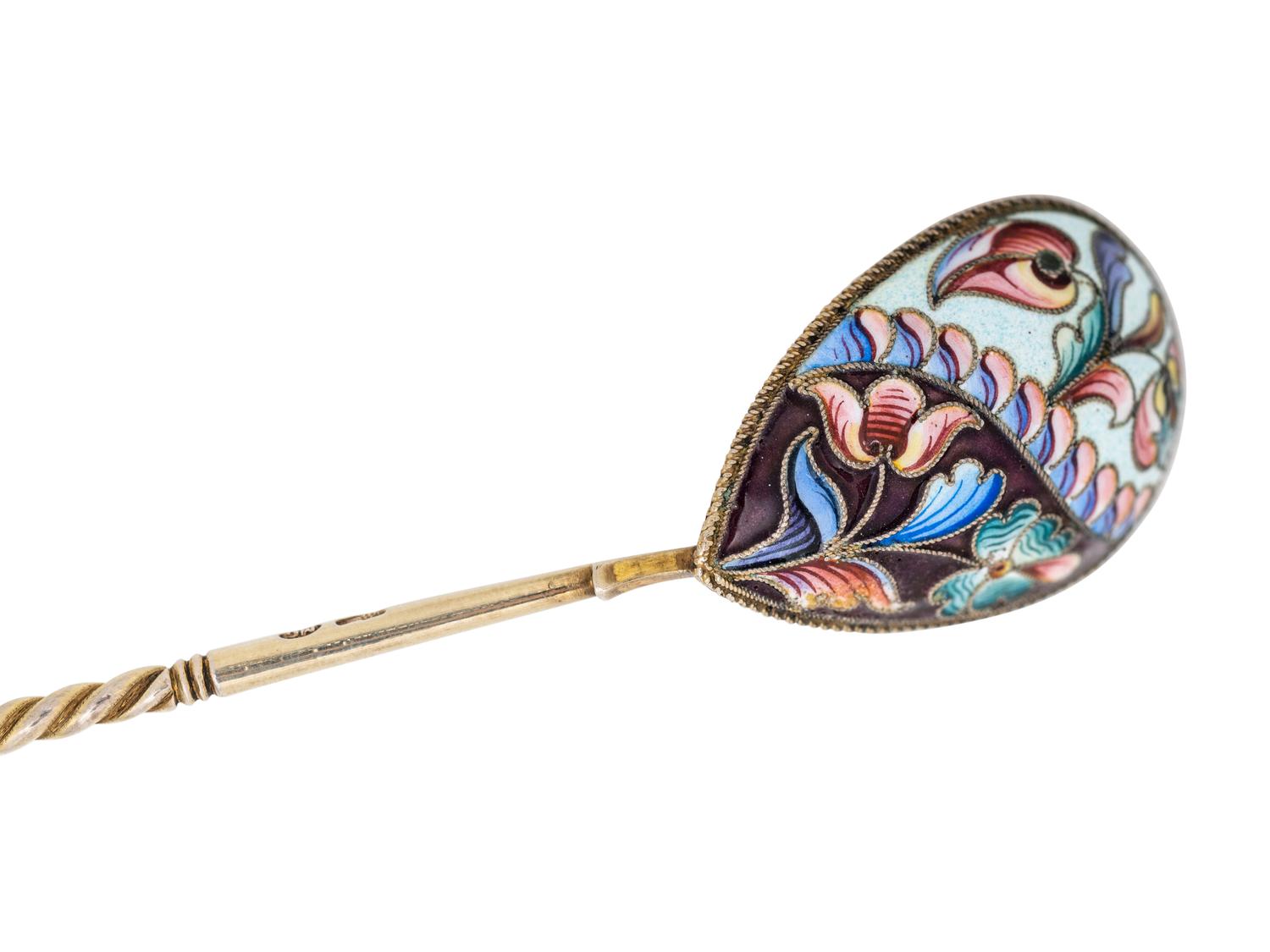 A Cased Set of Six Russian Enameled Silver Spoons