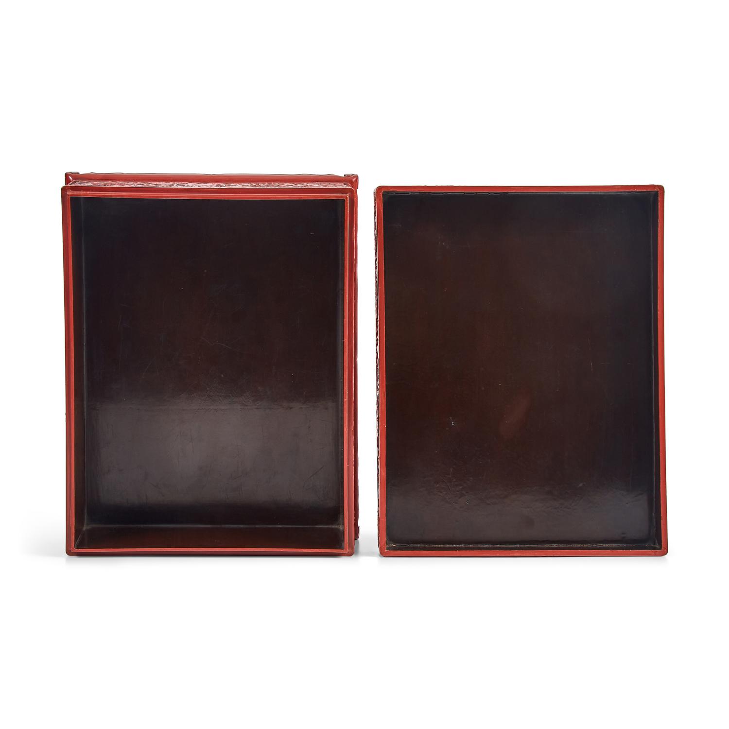 A Large Chinese Carved Cinnabar Lacquer Rectangular Box and Cover, 19th Century 清中期 剔紅攜琴訪友圖大方盒