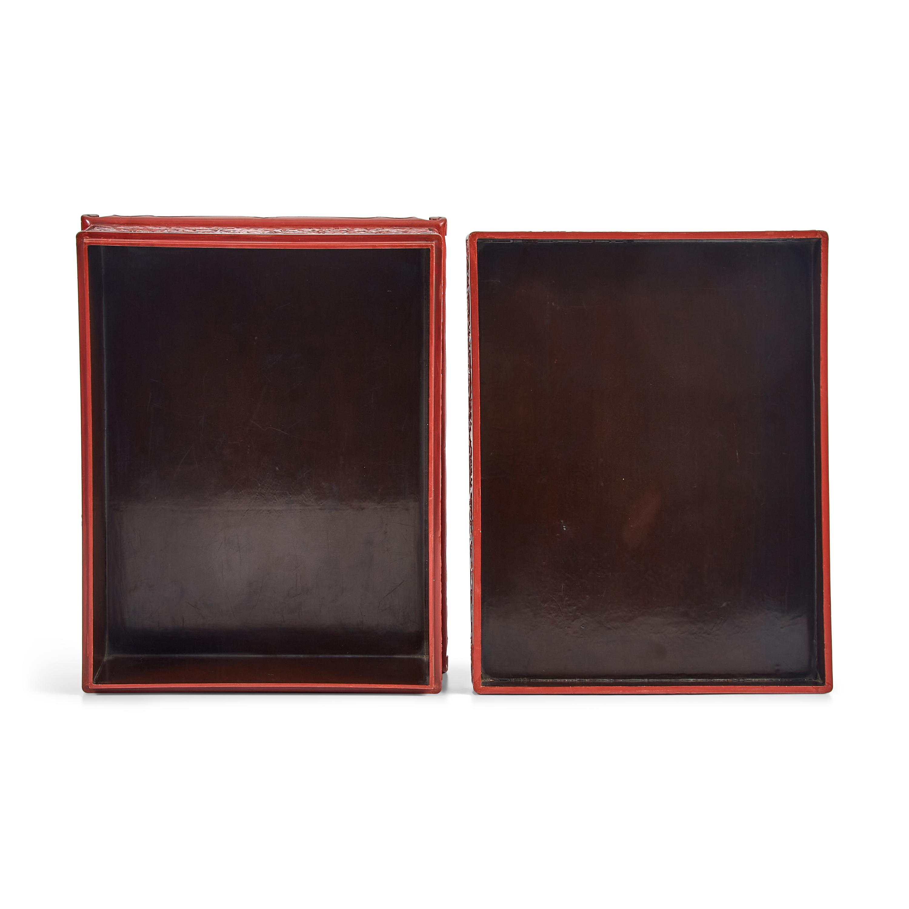 A Large Chinese Carved Cinnabar Lacquer Rectangular Box and Cover, 19th Century 清中期 剔紅攜琴訪友圖大方盒