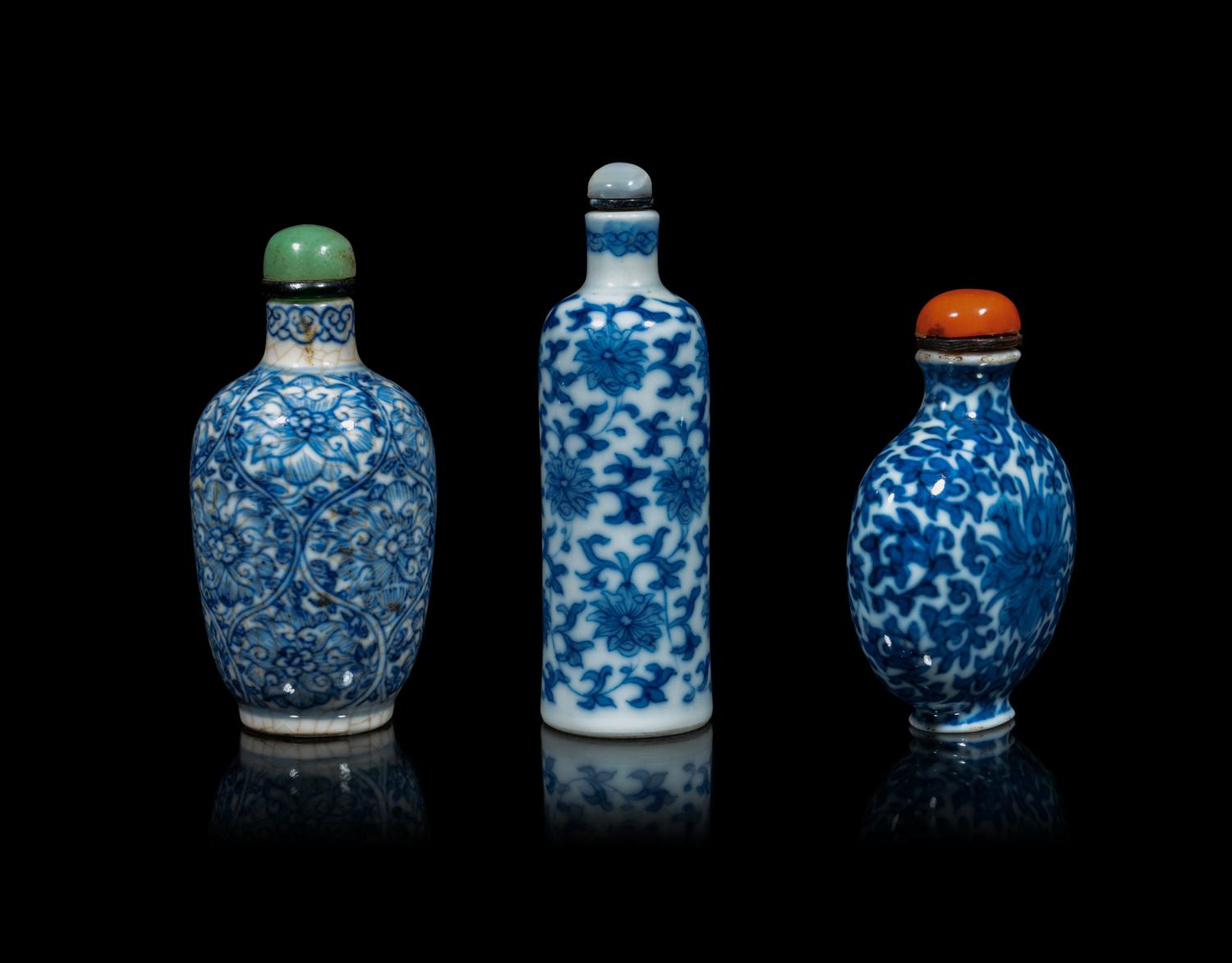 Three Chinese Blue and White Porcelain 'Lotus' Snuff Bottles