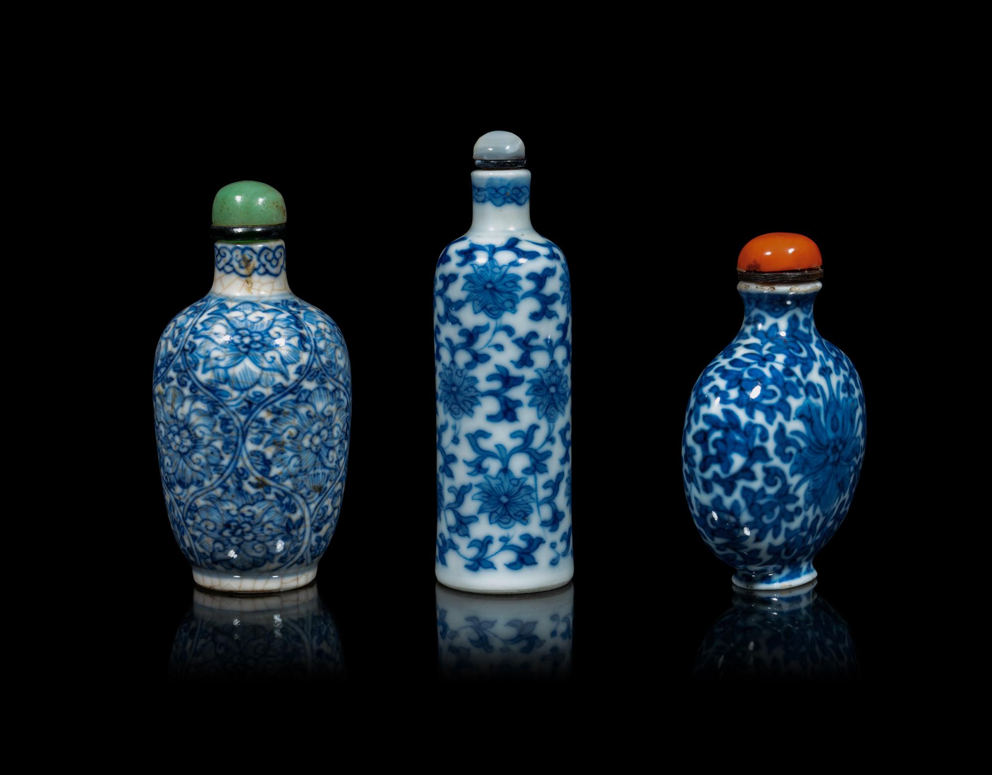 Three Chinese Blue and White Porcelain 'Lotus' Snuff Bottles