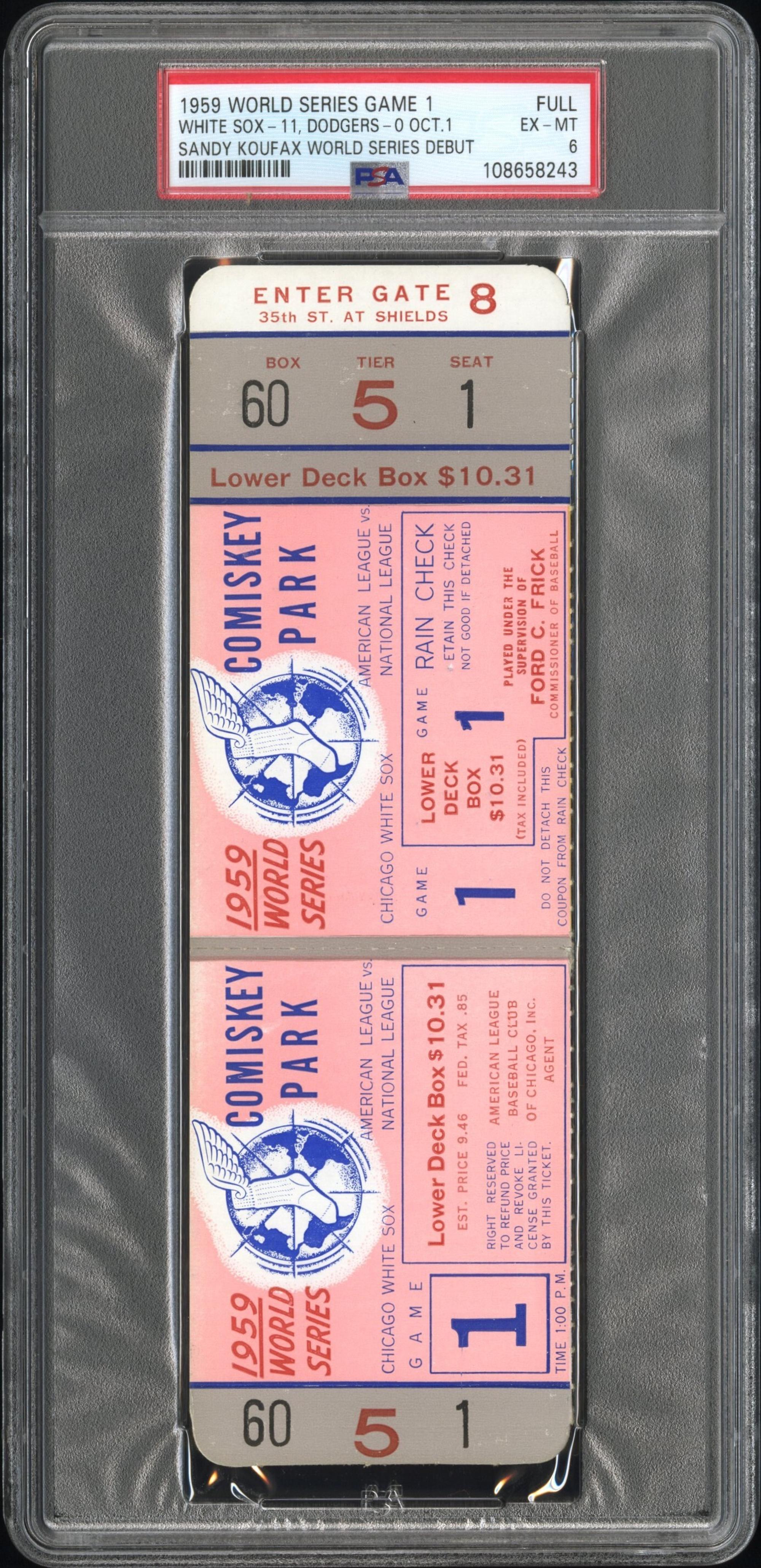 A 1959 World Series Game One Full Ticket - Sandy Koufax World Series Debut (PSA 6 EX-MT) - POP Four, Only Five Higher