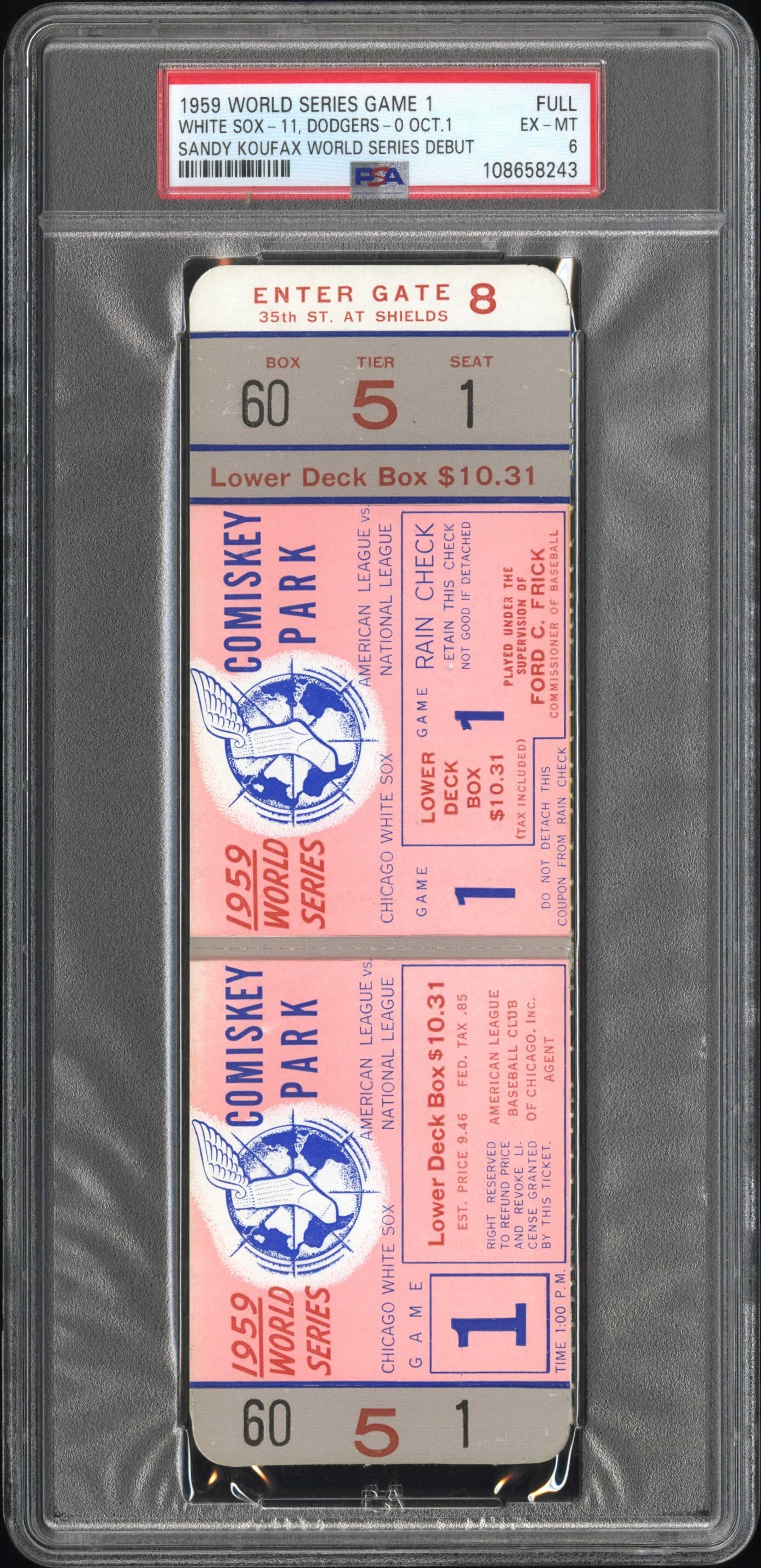 A 1959 World Series Game One Full Ticket - Sandy Koufax World Series Debut (PSA 6 EX-MT) - POP Four, Only Five Higher