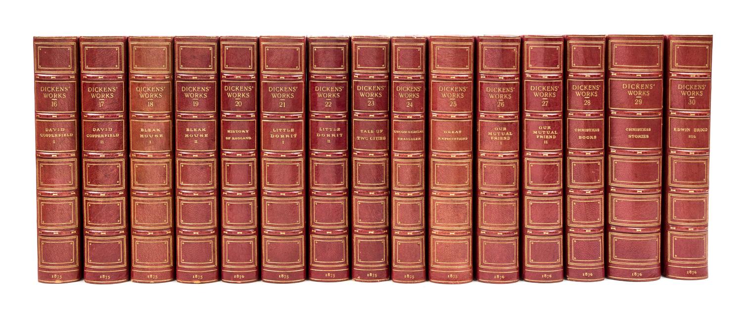 DICKENS, CHARLES. Works. London, 1874-76. 30 vols. Bound by Bayntun.