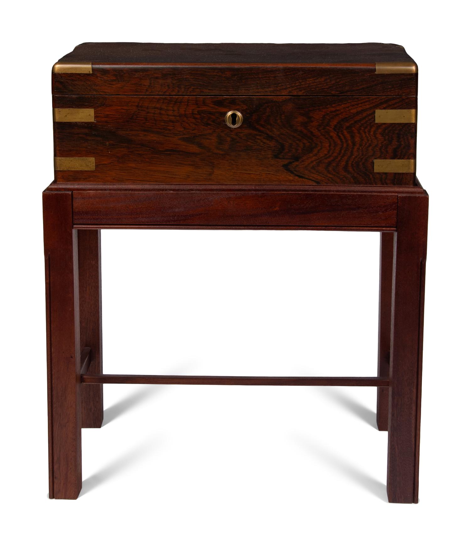 A George III Brass Mounted Walnut Writing Slope on a Later Stand
