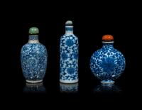 Three Chinese Blue and White Porcelain 'Lotus' Snuff Bottles