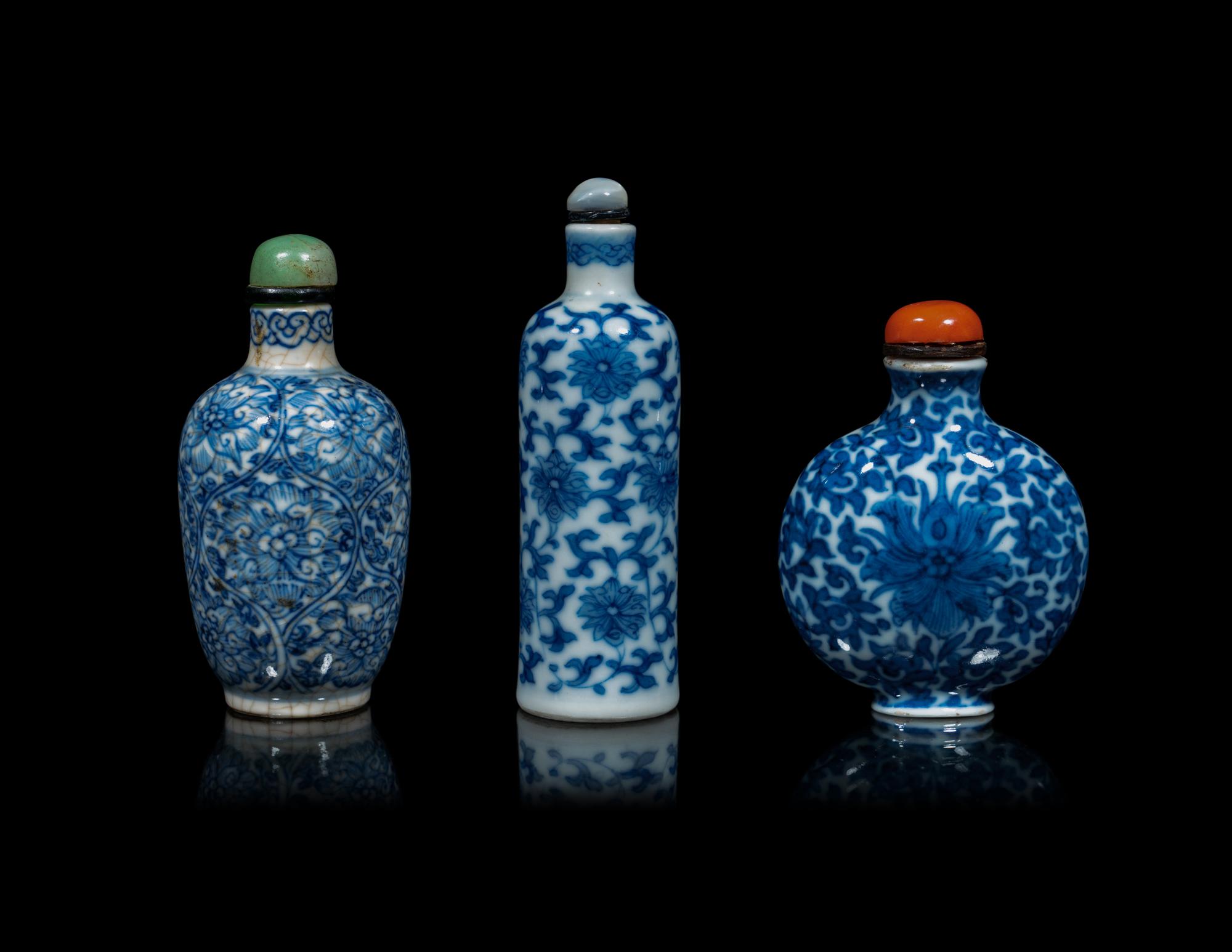 Three Chinese Blue and White Porcelain 'Lotus' Snuff Bottles
