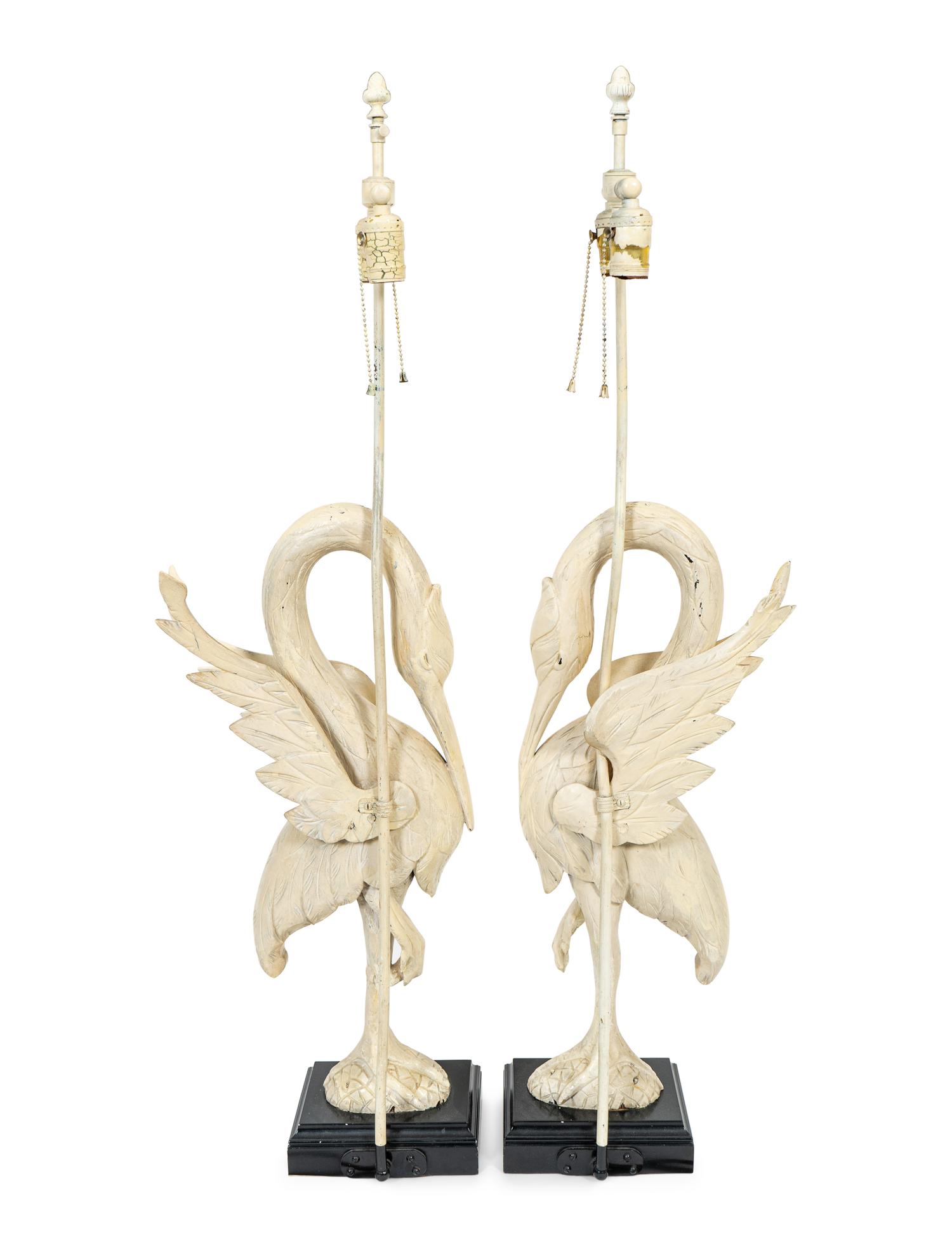 A Pair of White-Painted Carved Crane Lamps