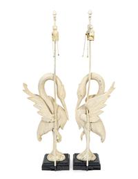 A Pair of White-Painted Carved Crane Lamps