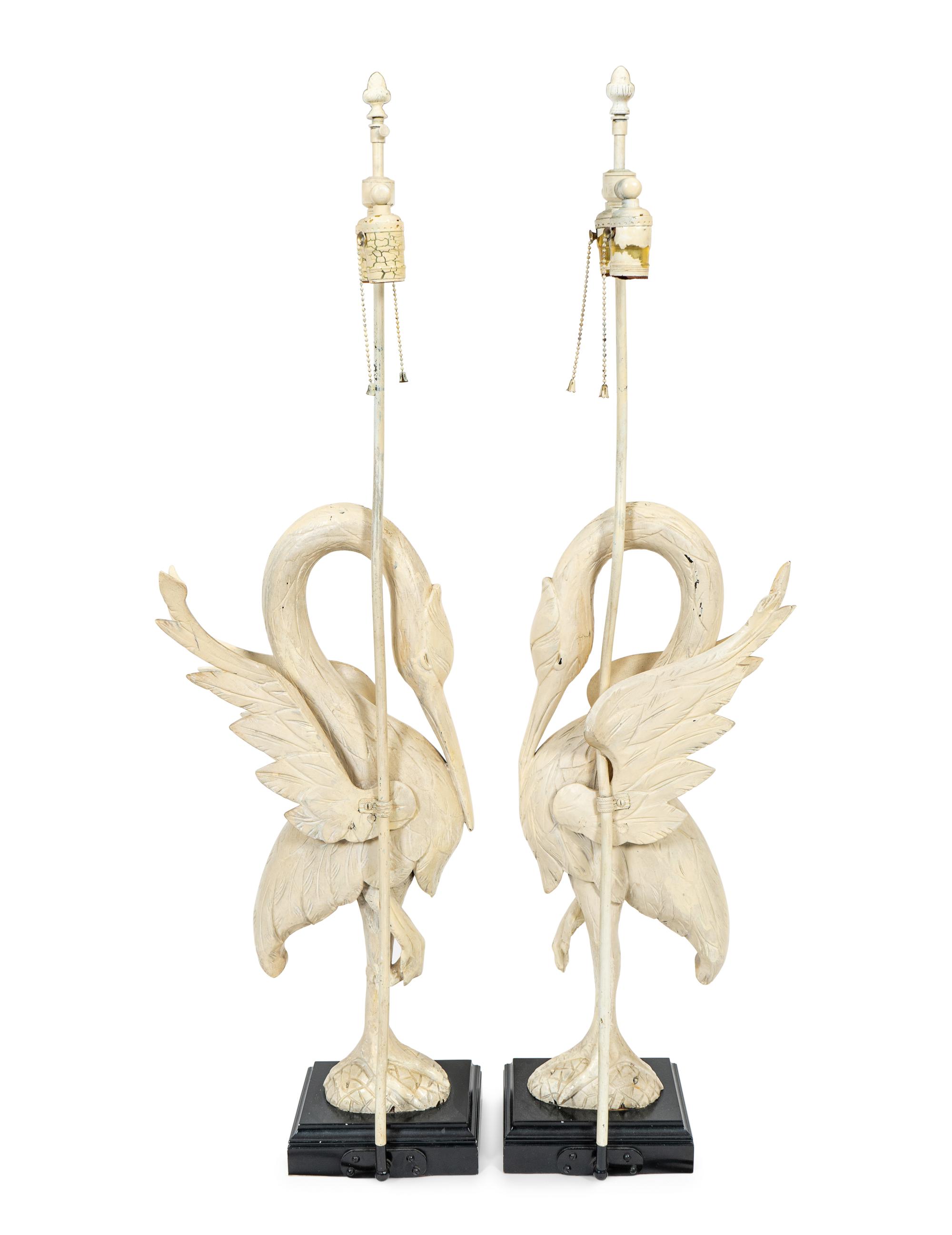 A Pair of White-Painted Carved Crane Lamps