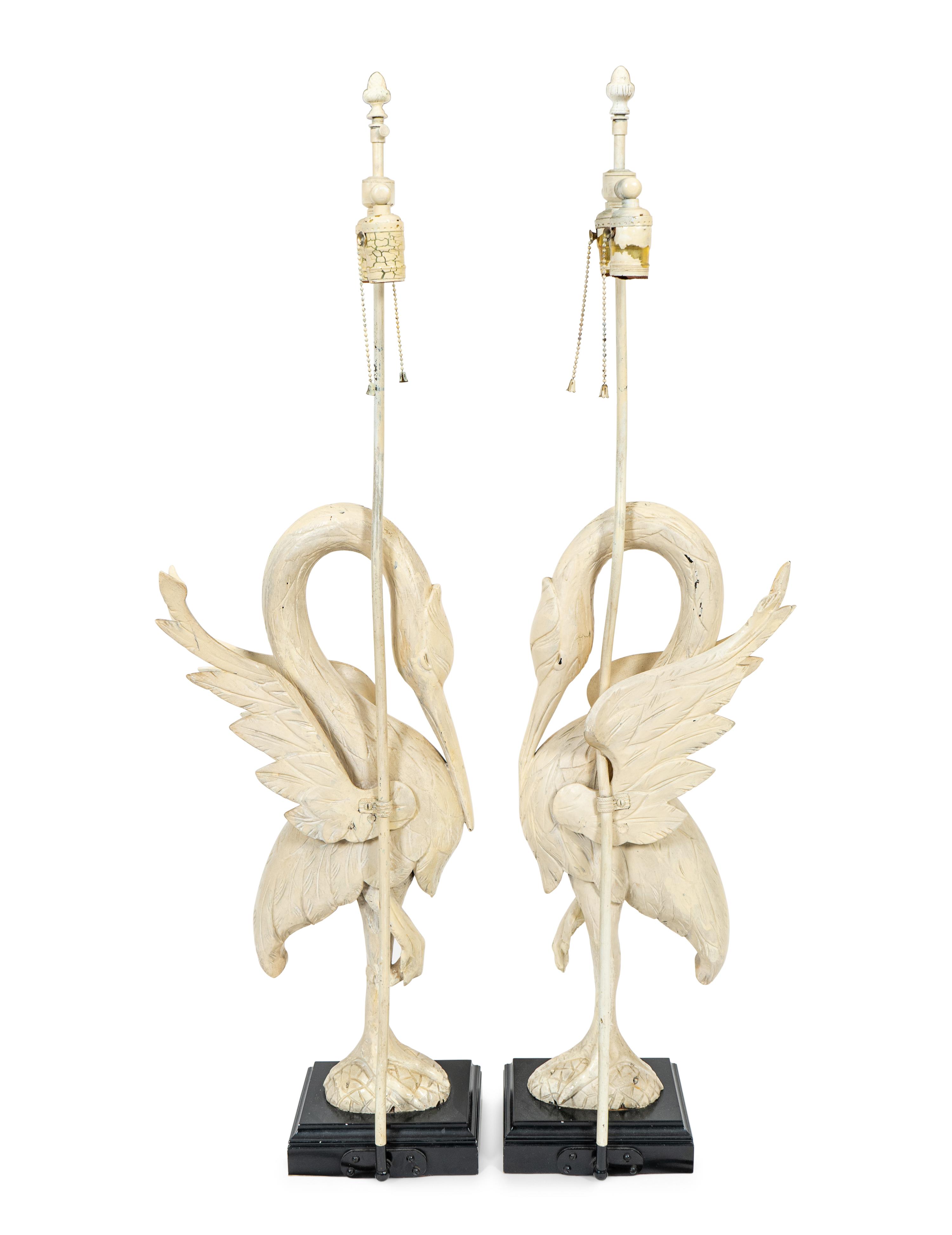 A Pair of White-Painted Carved Crane Lamps