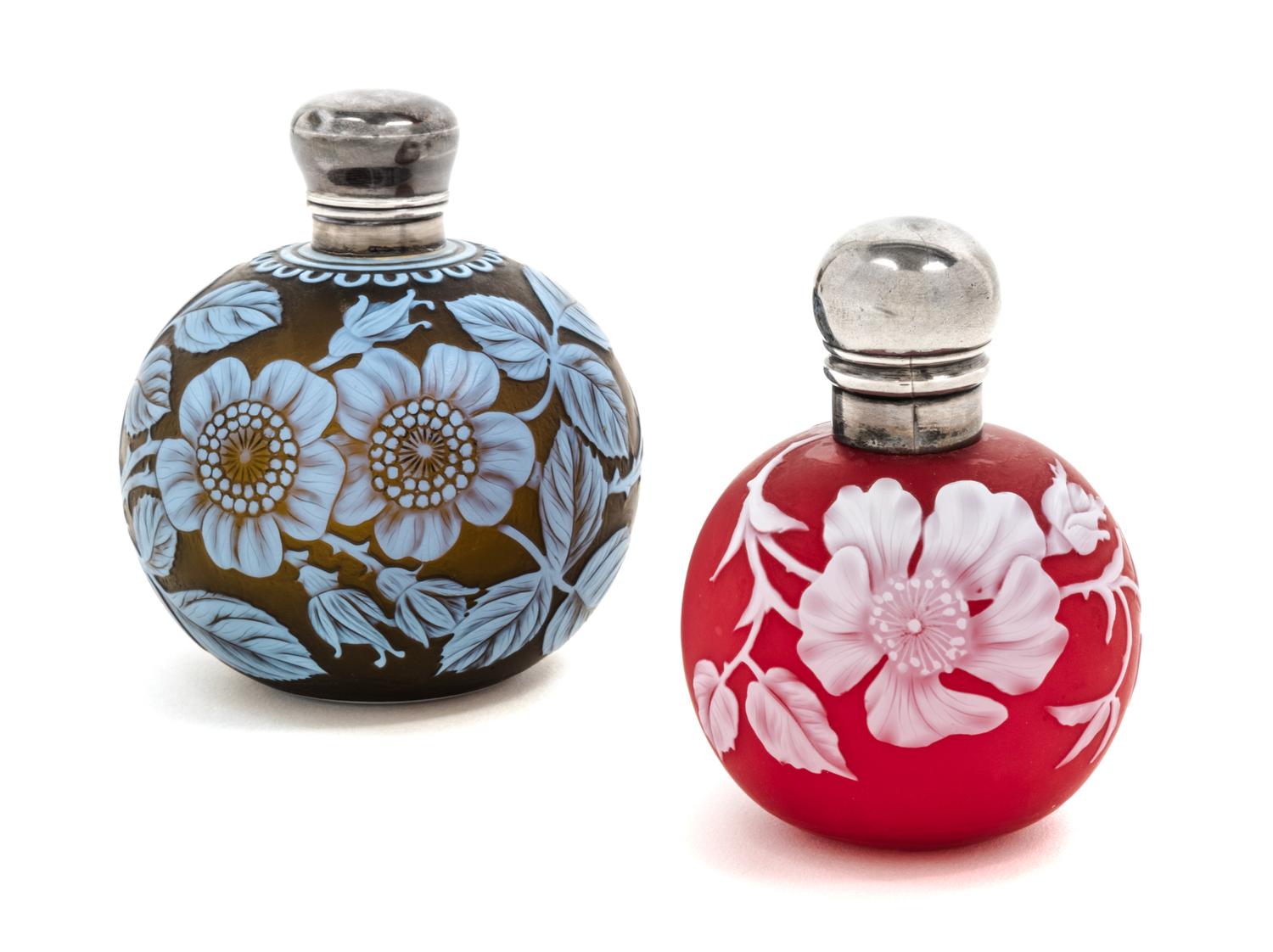 English, 19TH/20TH CENTURY, two silver mounted cameo glass perfume bottles, each of spherical form with floral decoration