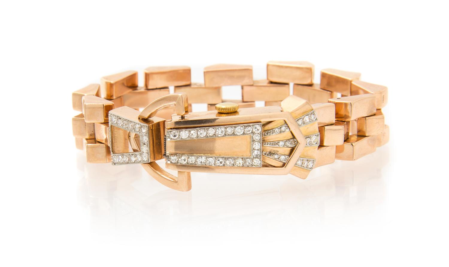 A Retro Rose Gold, Platinum and Diamond Wristwatch, Cord, 37.20 dwts.
