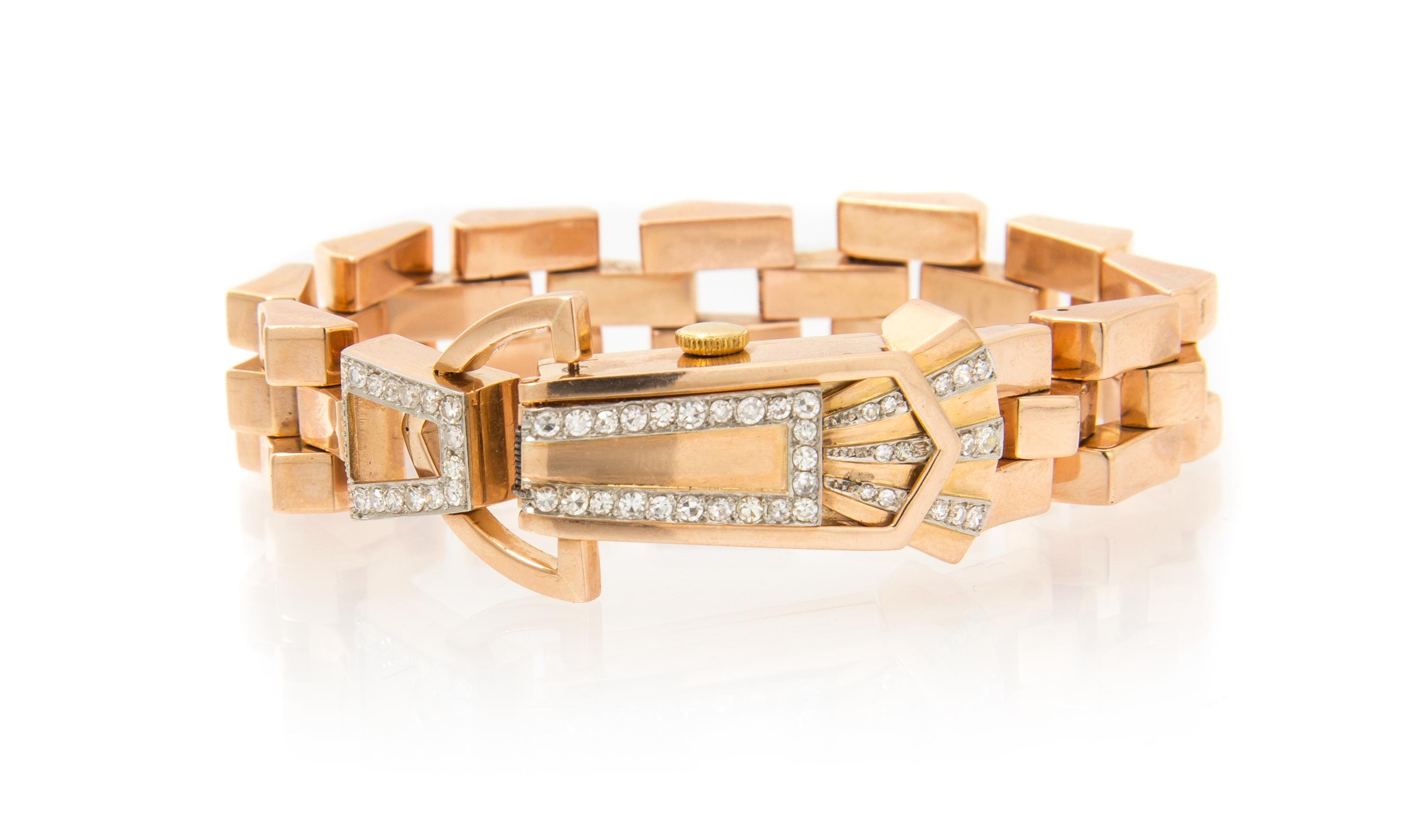 A Retro Rose Gold, Platinum and Diamond Wristwatch, Cord, 37.20 dwts.