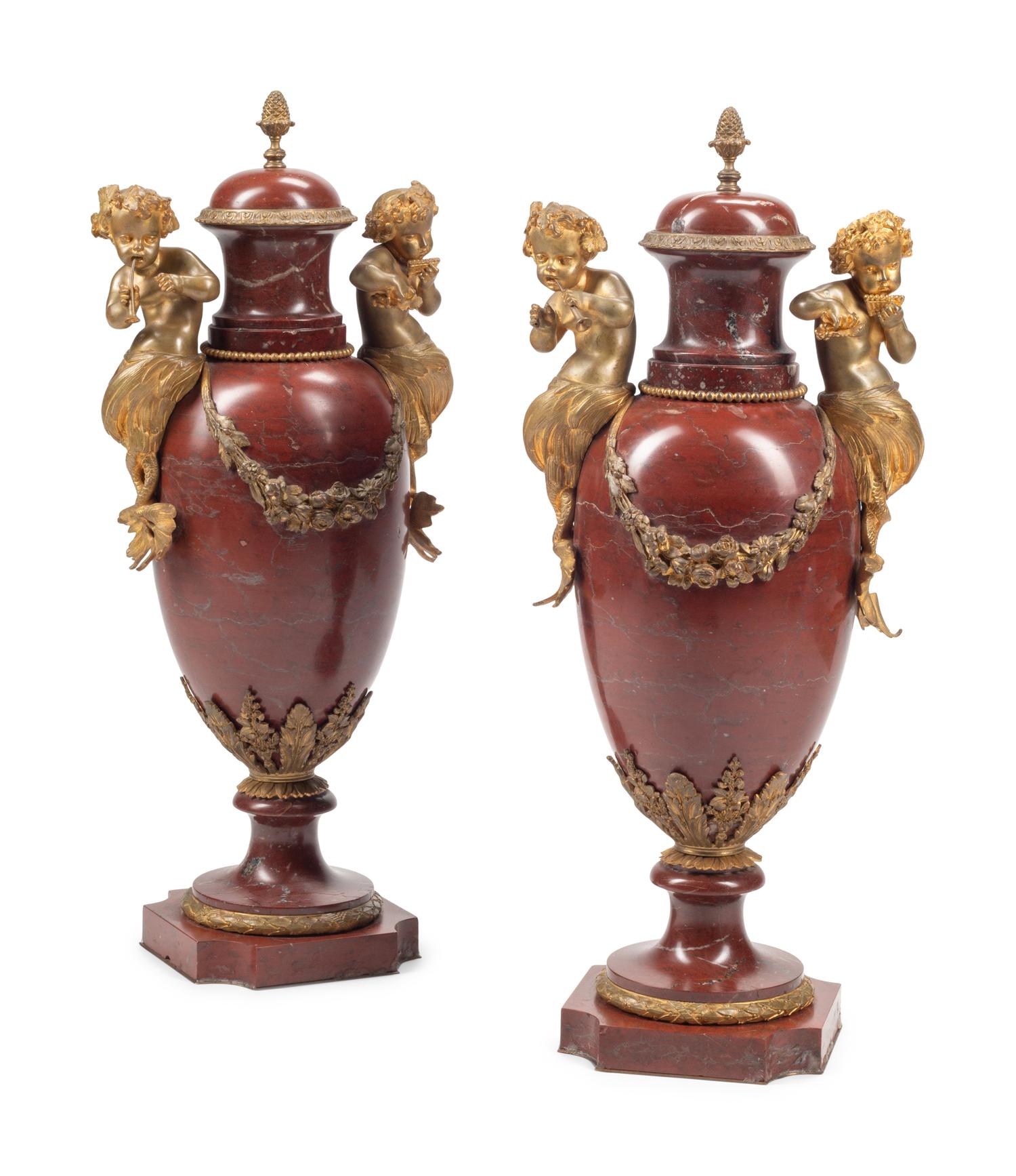 A Pair of Napoleon III Gilt Bronze Mounted Rouge Griotte Marble Urns