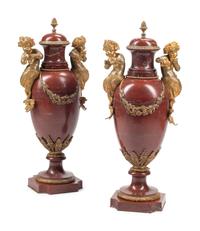 A Pair of Napoleon III Gilt Bronze Mounted Rouge Griotte Marble Urns