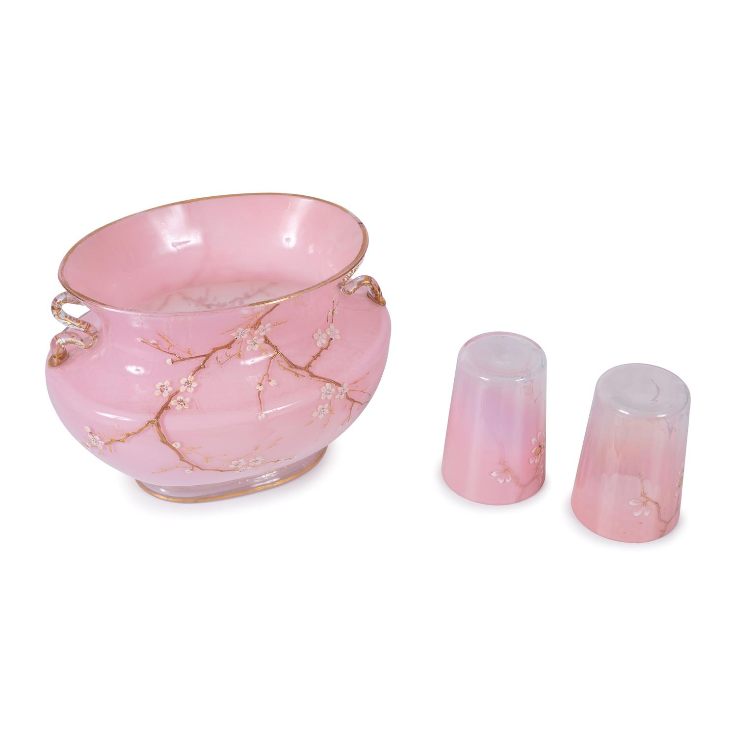 A Pink Glass Jardiniere and a Pair of Tumblers, attributed to Loetz