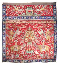 A Massive Chinese Red Ground Embroidered Silk Wall Panel, Early 20th Century 晚清/民國 紅地繡太平有象大掛帳