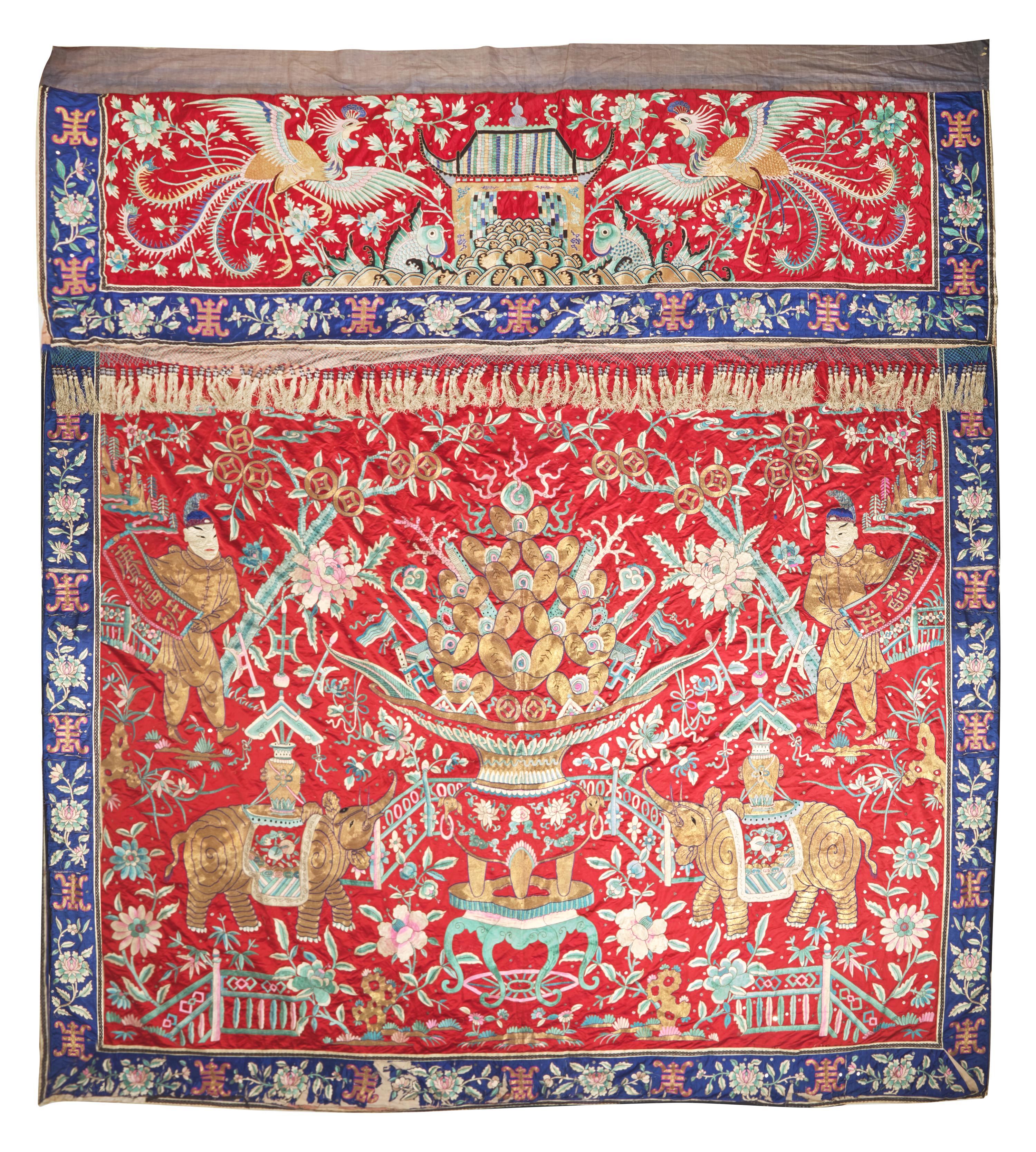 A Massive Chinese Red Ground Embroidered Silk Wall Panel, Early 20th Century 晚清/民國 紅地繡太平有象大掛帳