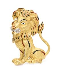 An 18 Karat Yellow Gold, Diamond and Polychrome Enamel Lion Brooch, Italian, 30.20 dwts.
