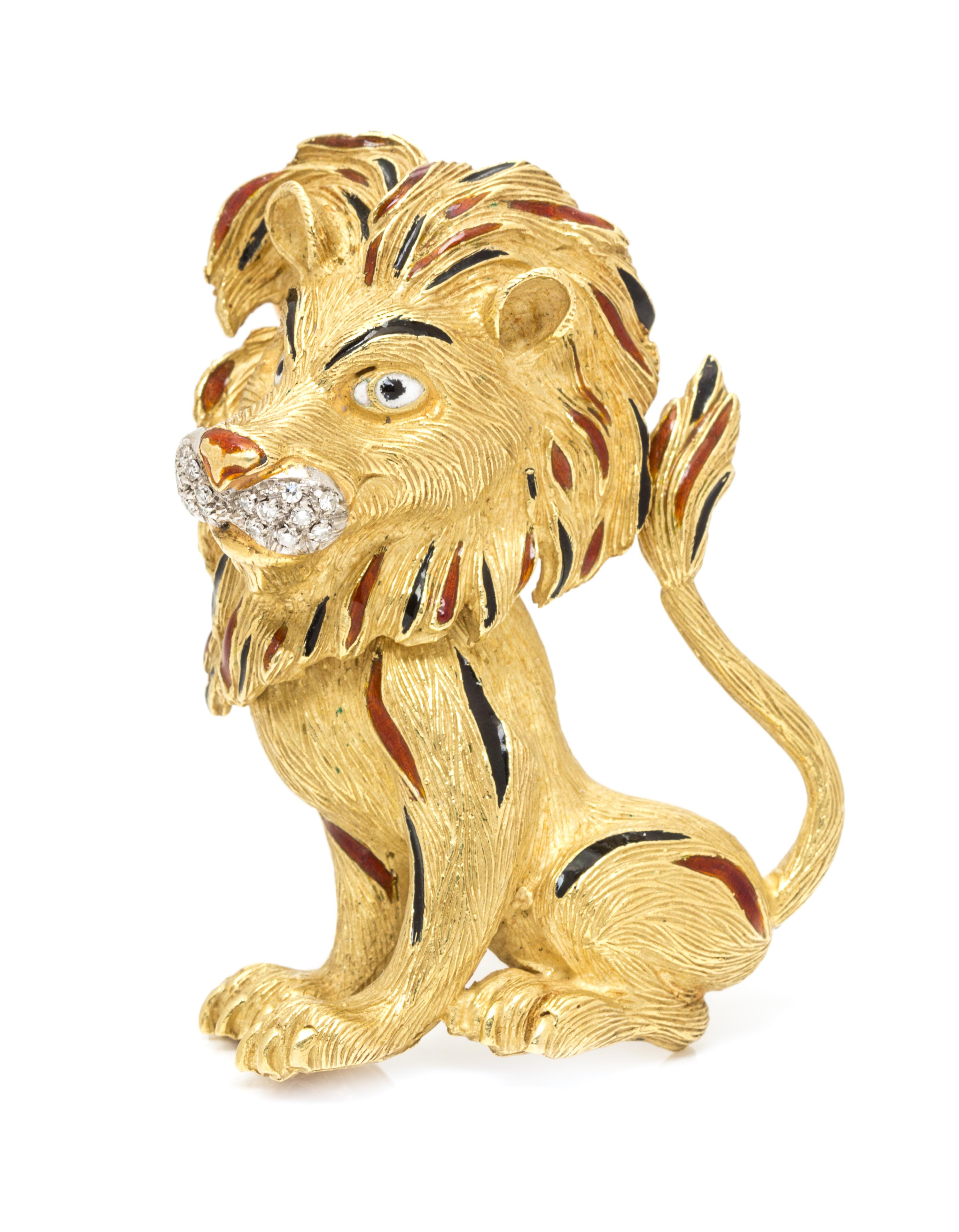 An 18 Karat Yellow Gold, Diamond and Polychrome Enamel Lion Brooch, Italian, 30.20 dwts.