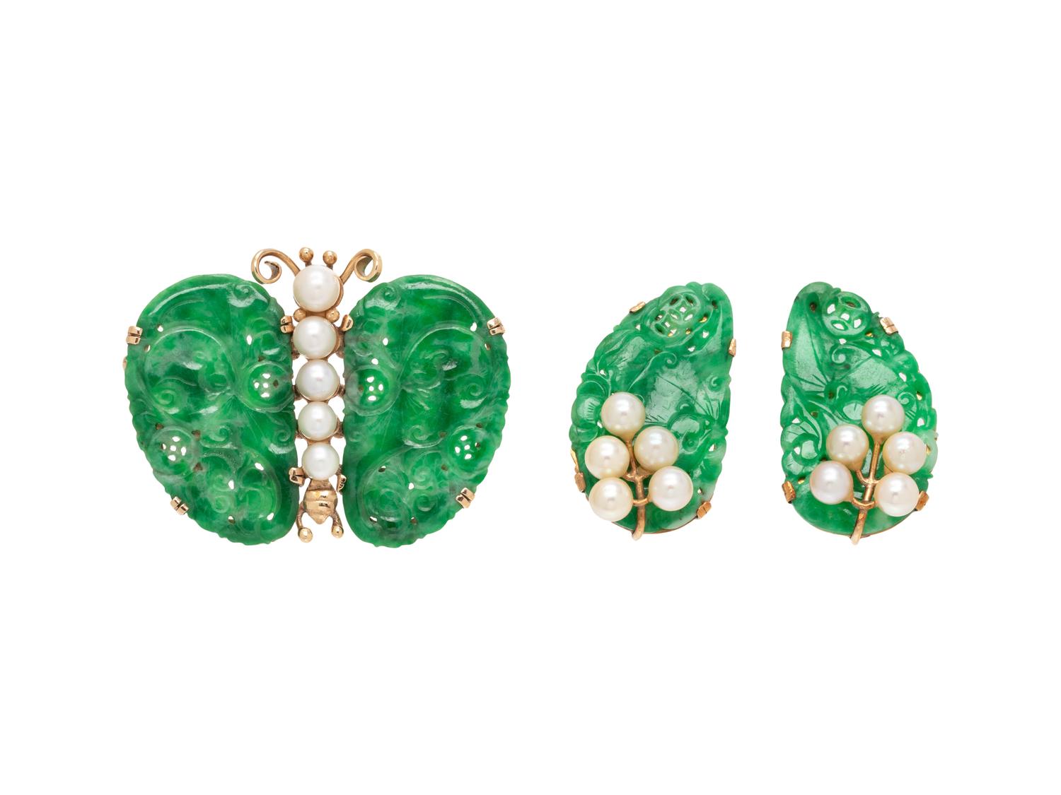 MING'S, JADE AND CULTURED PEARL BUTTERFLY BROOCH