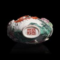 A Chinese Enameled Molded Porcelain " Baxian" Snuff Bottle, Jiaqing Mark