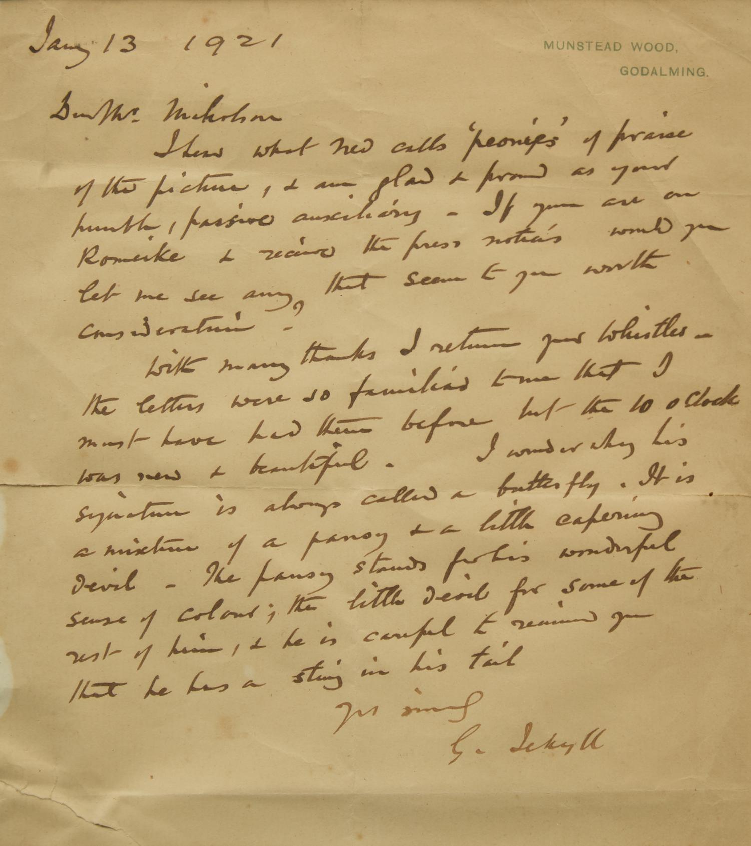[Gardening] Jekyll, Gertrude. Group of Three Autograph Letters, signed, to artist William Nicholson