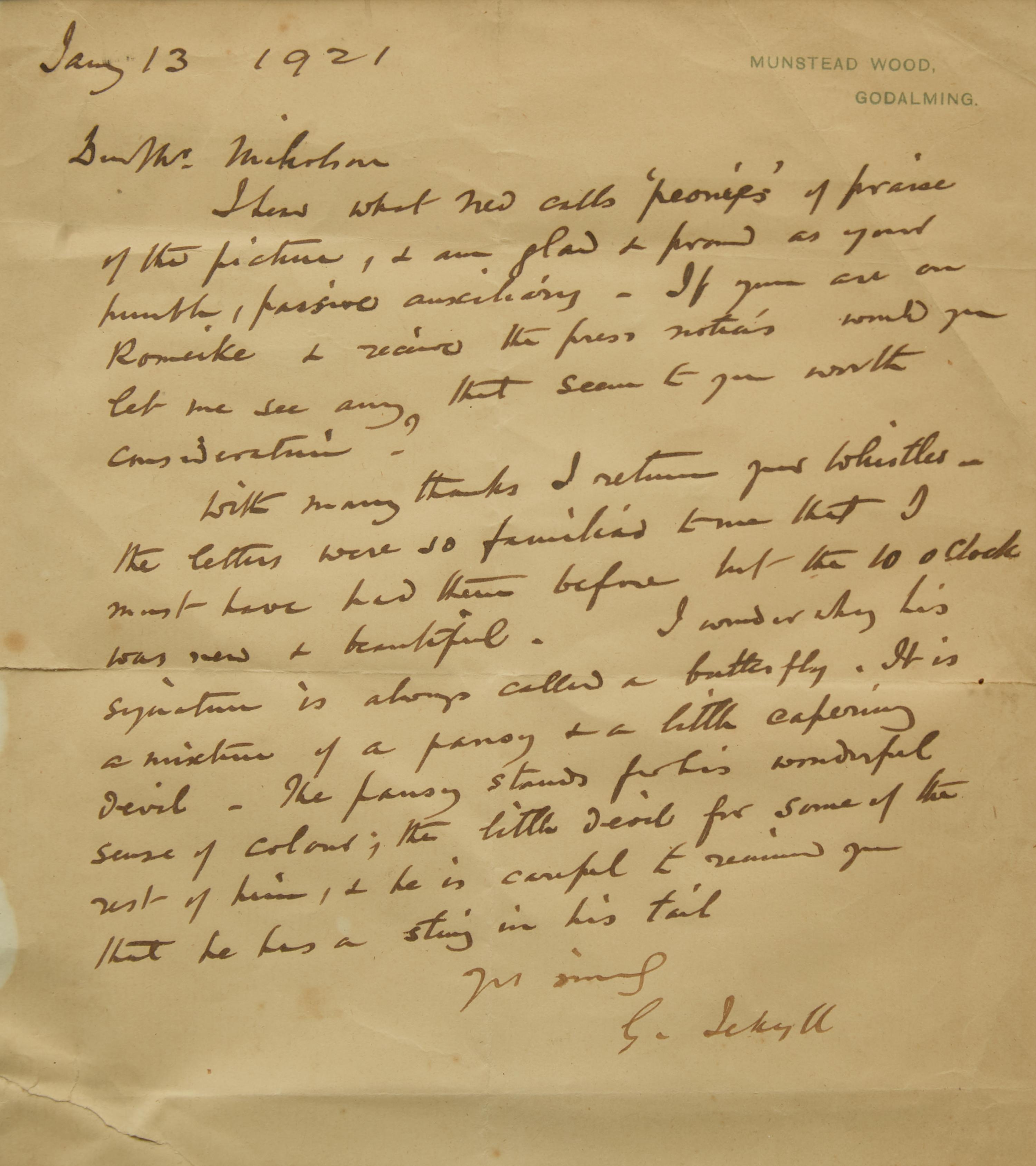 [Gardening] Jekyll, Gertrude. Group of Three Autograph Letters, signed, to artist William Nicholson