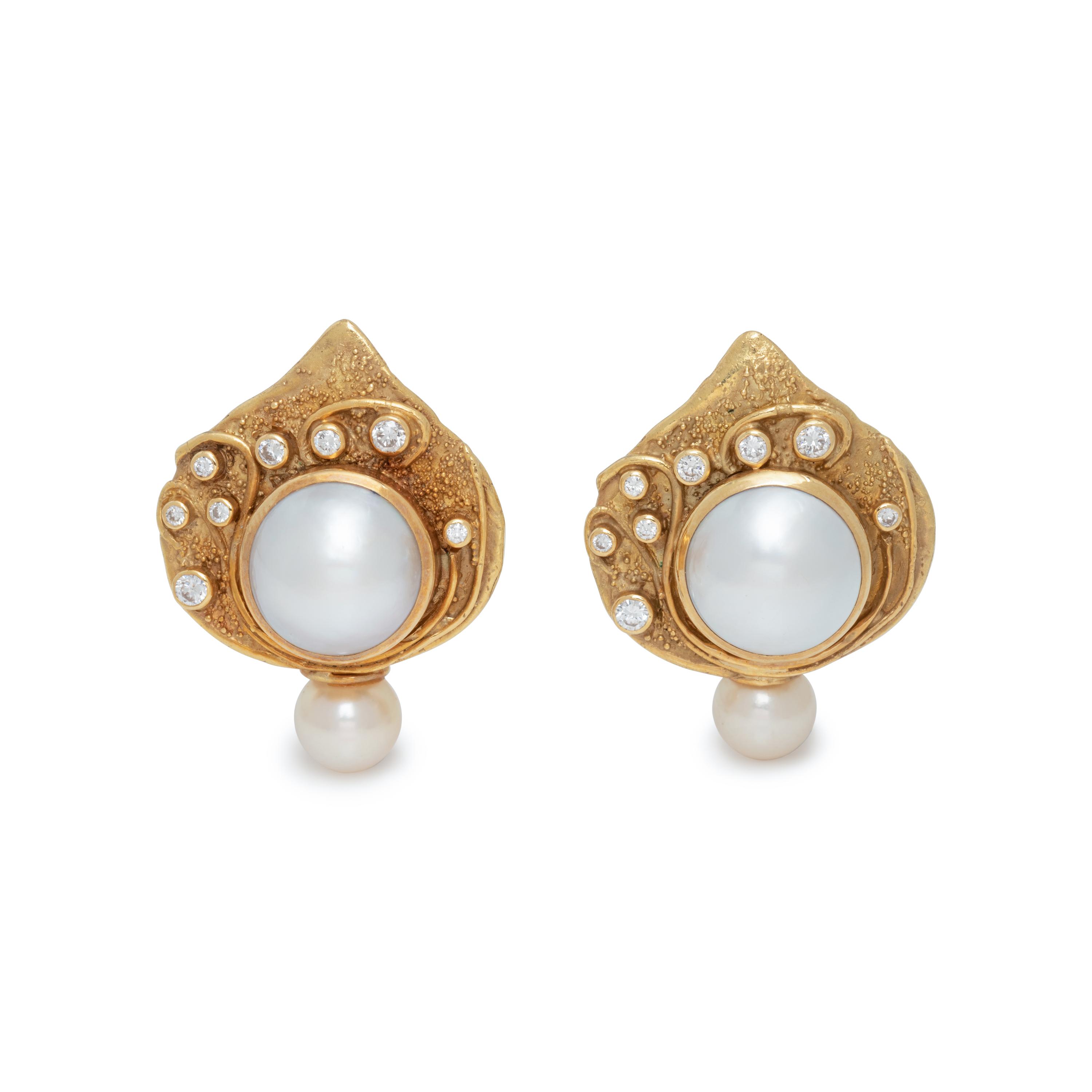 ELIZABETH GAGE, YELLOW GOLD, CULTURED PEARL AND DIAMOND EARCLIPS