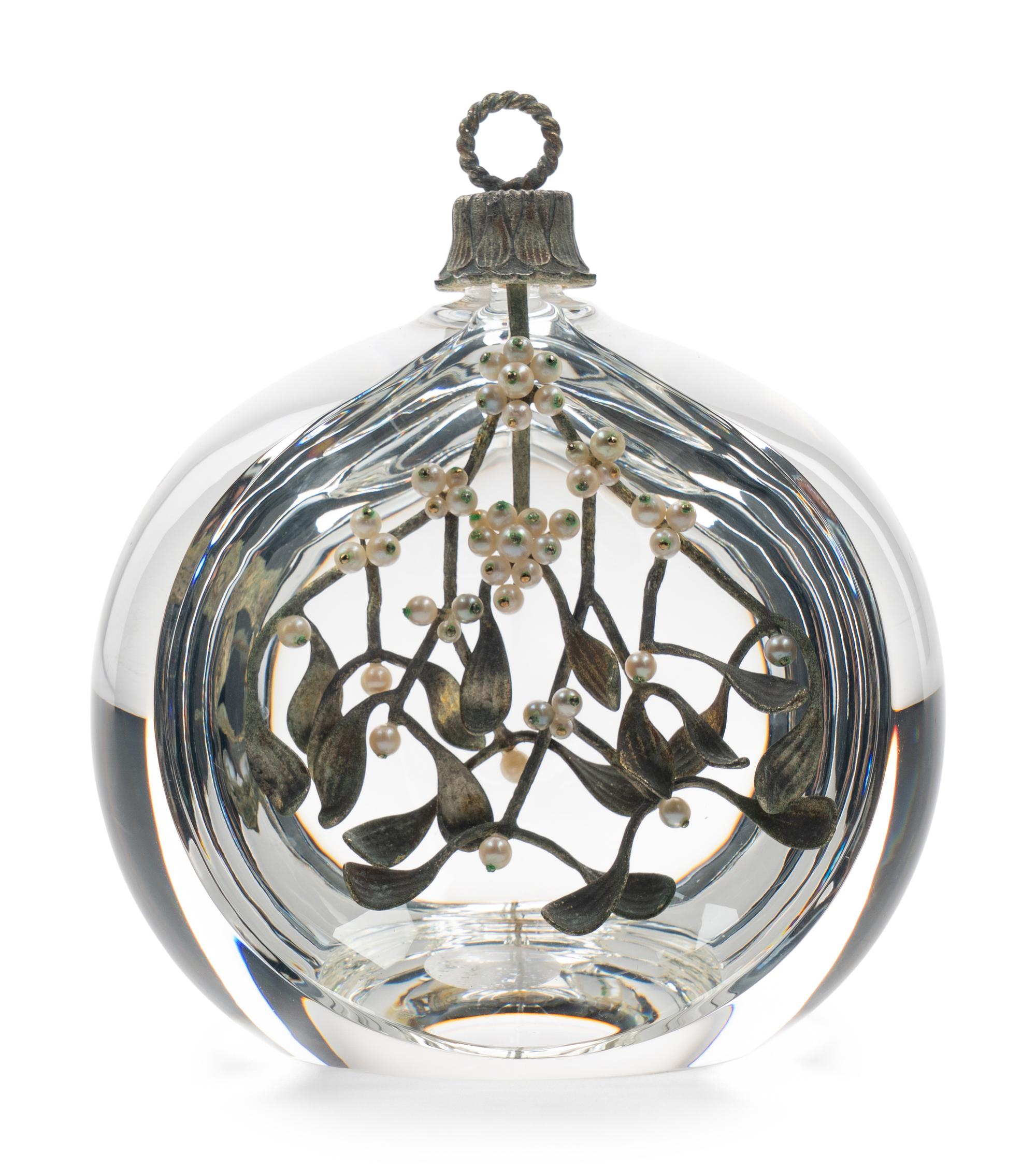 A Steuben Glass, Gilt-Metal and Pearl Mistletoe Sculpture