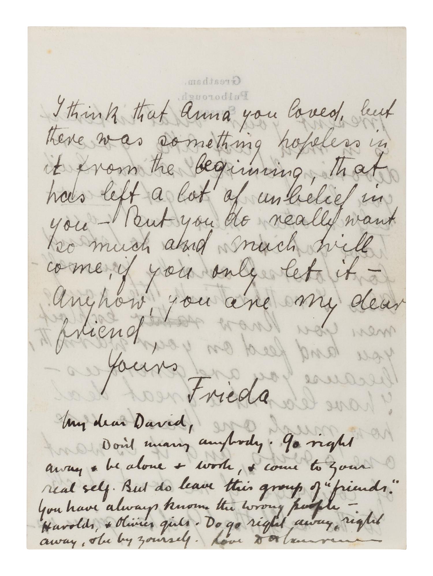 LAWRENCE, D. H. (1885-1930). Autograph letter signed ("D. H. Lawrence"), to David Garnett. Greatham, Pulborough, Sussex, [19 April 1915]. 5 pages, 8vo . [ With :] LAWRENCE, Freida. Autograph letter signed ("Freida"), to David Garnett. [19 April 1915]. With postscript from D. H. Lawrence at end. 2 pages, 8vo, with original envelope marked "Absolutely Private ."