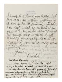 LAWRENCE, D. H. (1885-1930). Autograph letter signed ("D. H. Lawrence"), to David Garnett. Greatham, Pulborough, Sussex, [19 April 1915]. 5 pages, 8vo . [ With :] LAWRENCE, Freida. Autograph letter signed ("Freida"), to David Garnett. [19 April 1915]. With postscript from D. H. Lawrence at end. 2 pages, 8vo, with original envelope marked "Absolutely Private ."