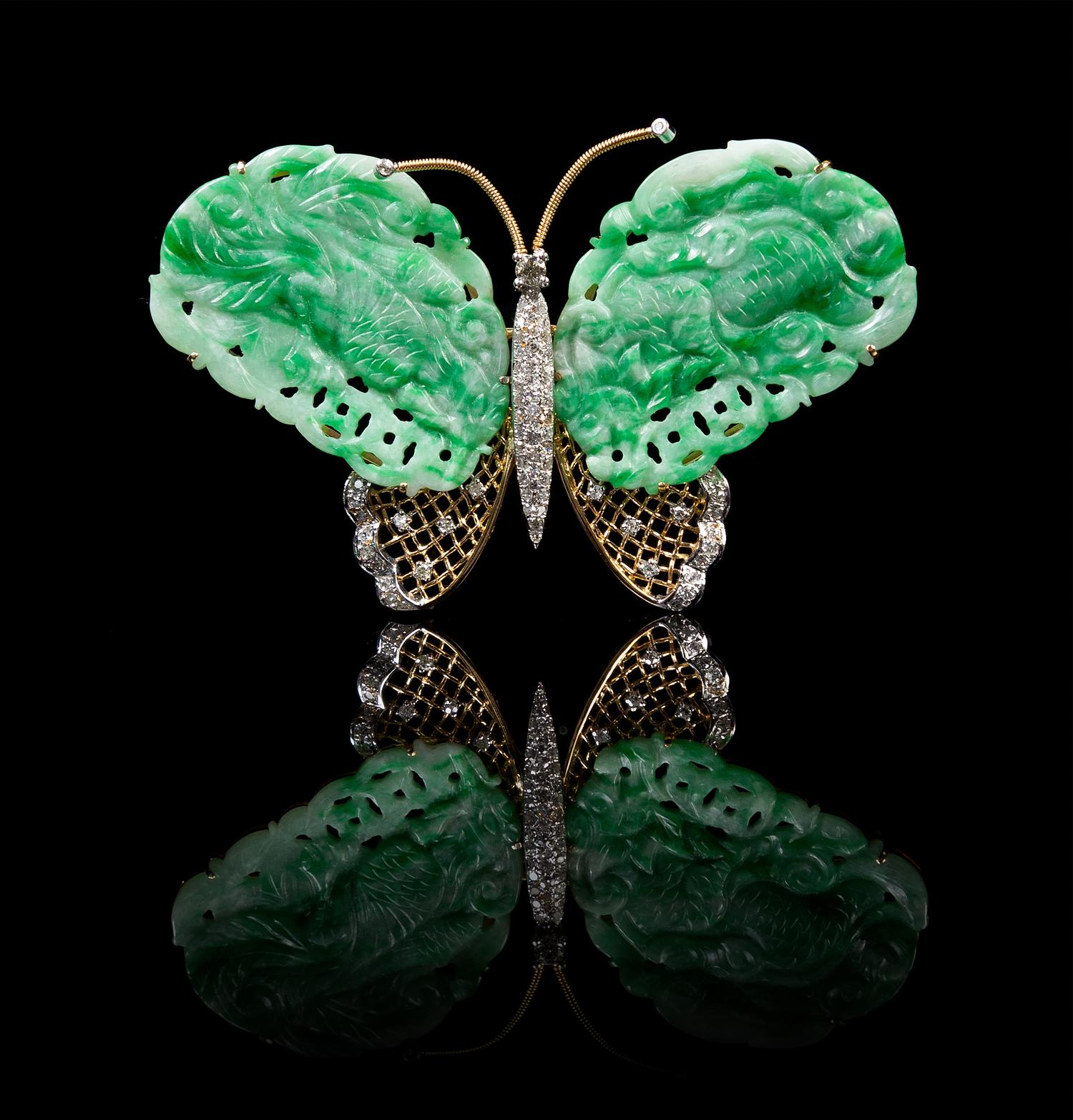 A Chinese Jadeite, 14 Karat Gold and Diamond Butterfly Brooch 20TH CENTURY Length 2 5/8 inches. — 20TH CENTURY