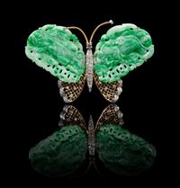 A Chinese Jadeite, 14 Karat Gold and Diamond Butterfly Brooch 20TH CENTURY Length 2 5/8 inches. — 20TH CENTURY
