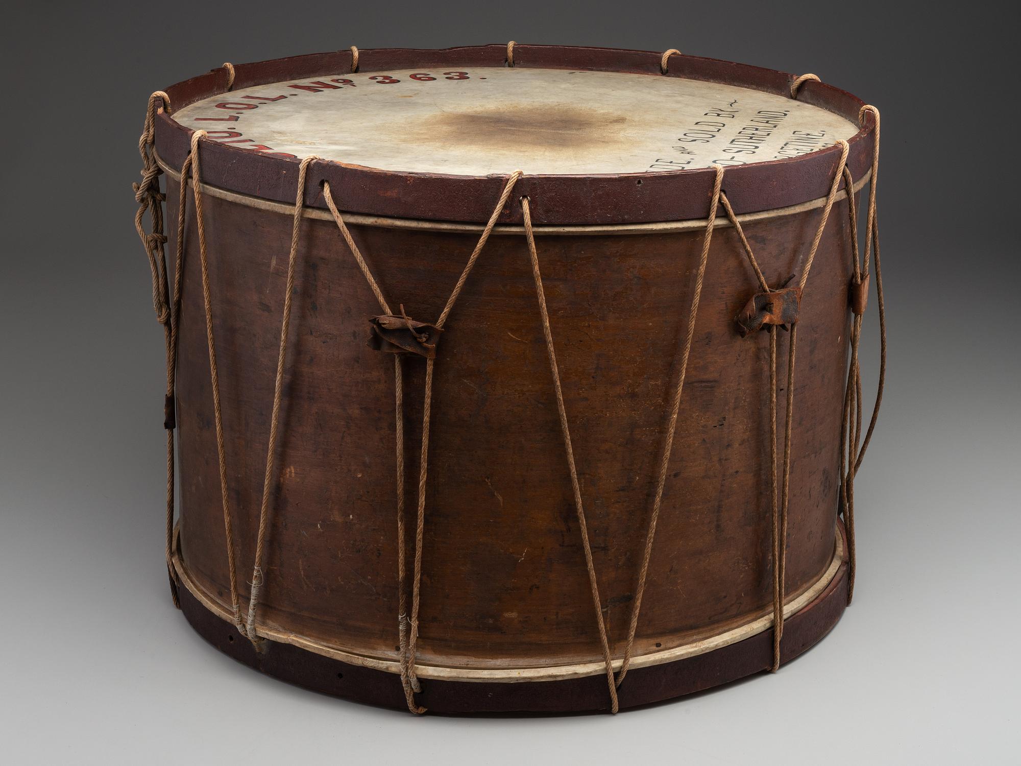 [CIVIL WAR]. Painted bass drum. Manufactured by George G. Sutherland, Argentine, [MI], 1861.