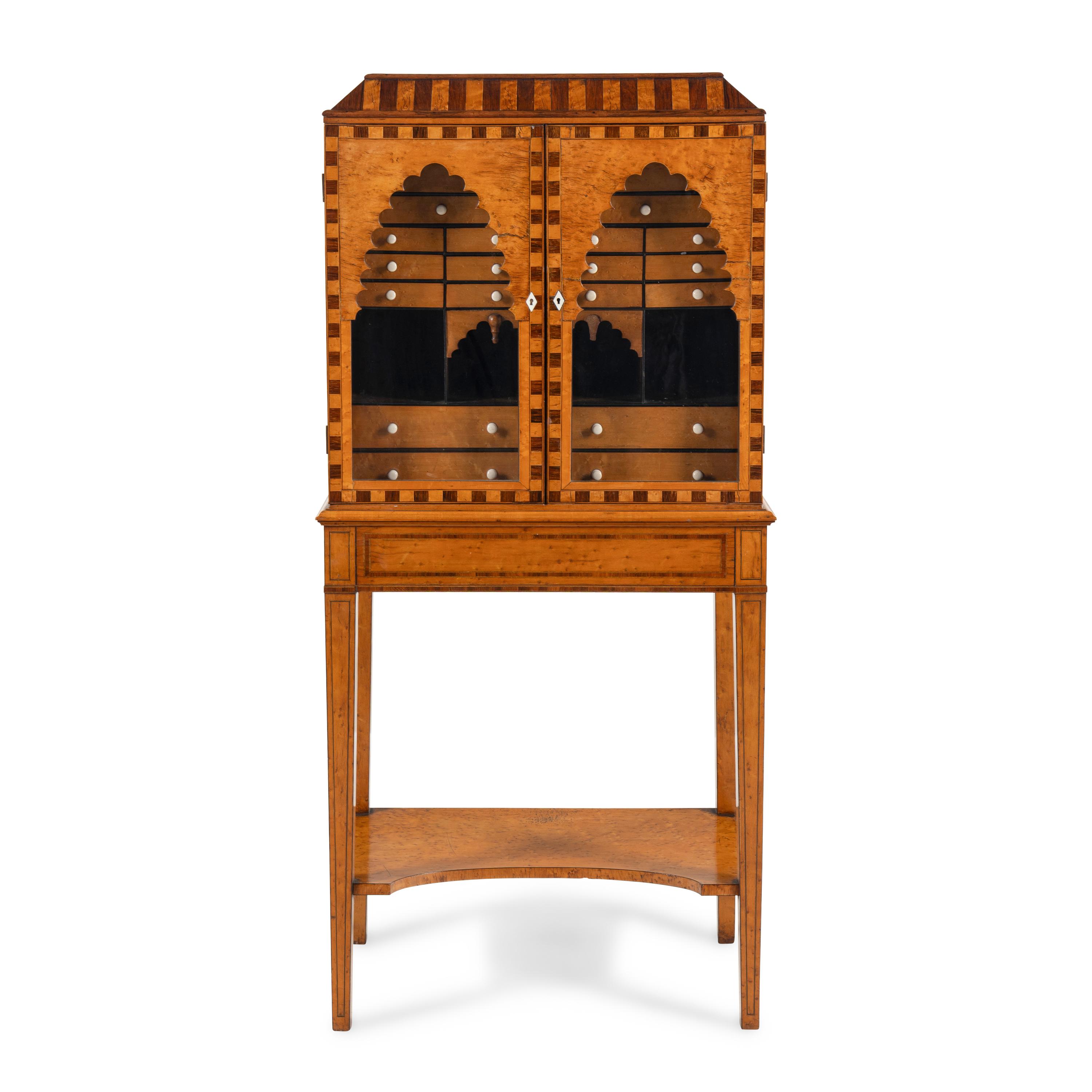 A German or Dutch Bird's Eye Maple and Rosewood Collector's Cabinet on Stand