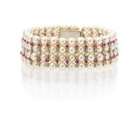 A White Gold, Ruby, Diamond and Cultured Pearl Bracelet, 28.50 dwts.