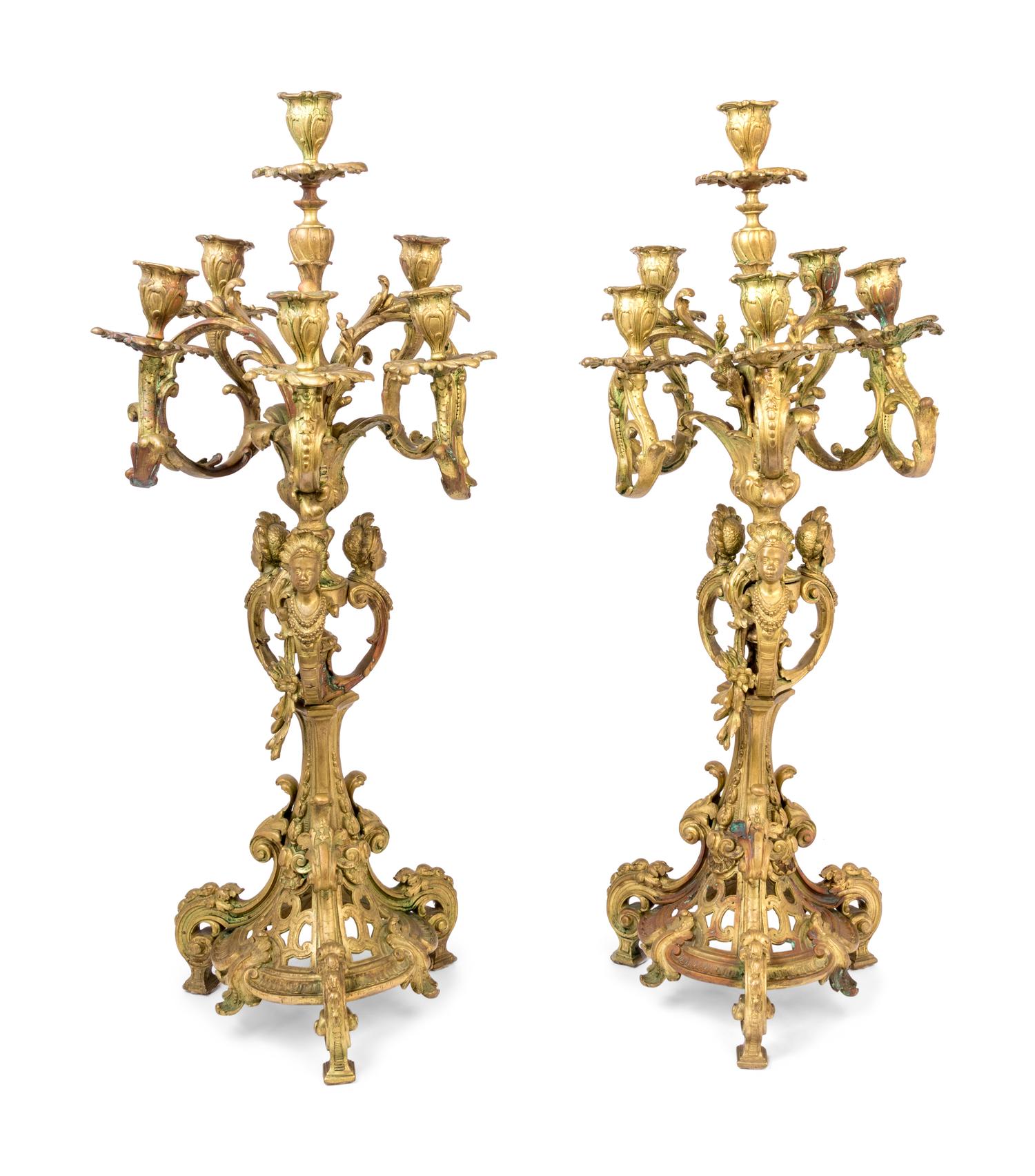 A Pair of French Gilt Bronze Six-Light Candelabra