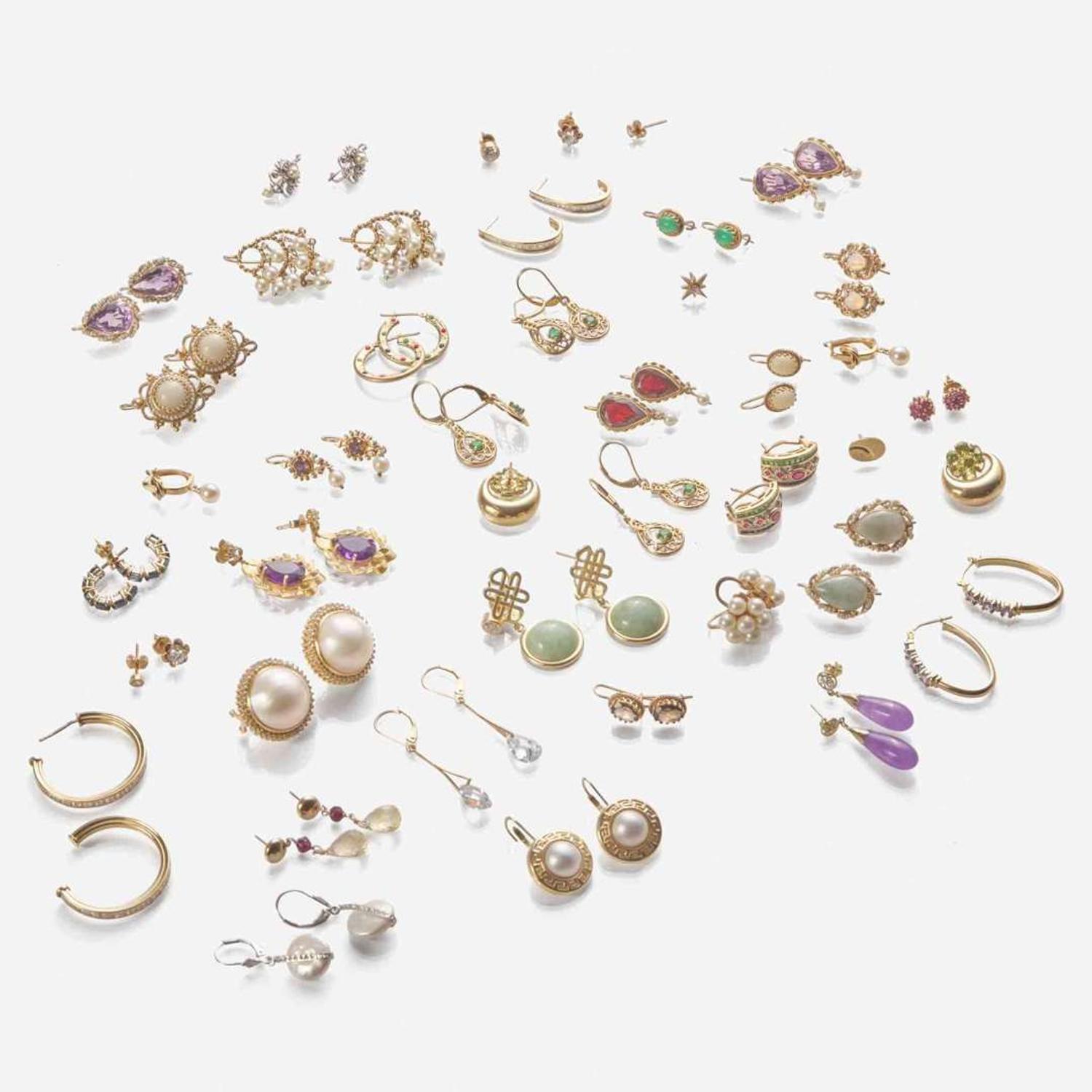 A Large Collection of 14K Gold and Gemstone Earrings