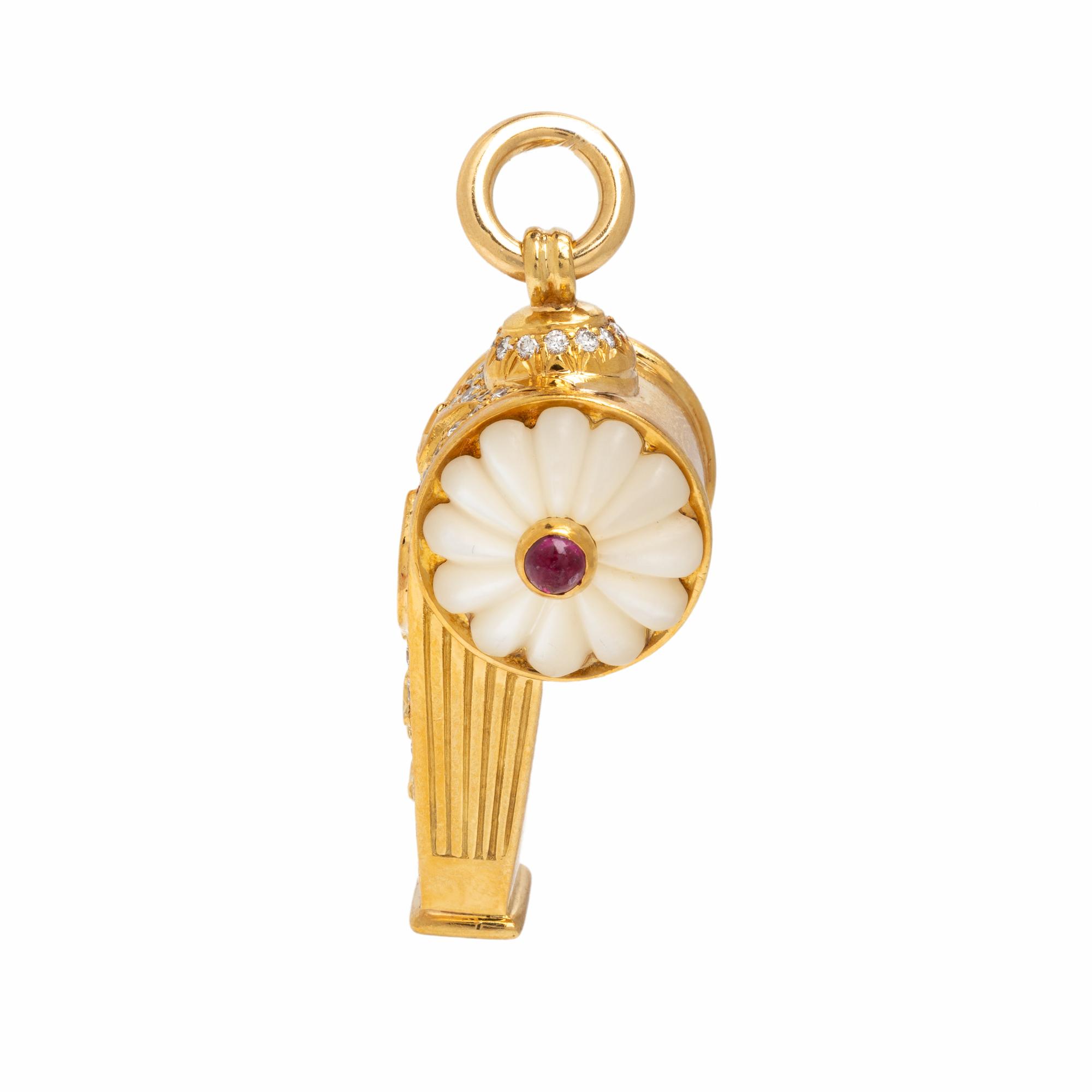 Harry Winston, Diamond, Mother-of-Pearl, Ruby and Yellow Gold Whistle Pendant