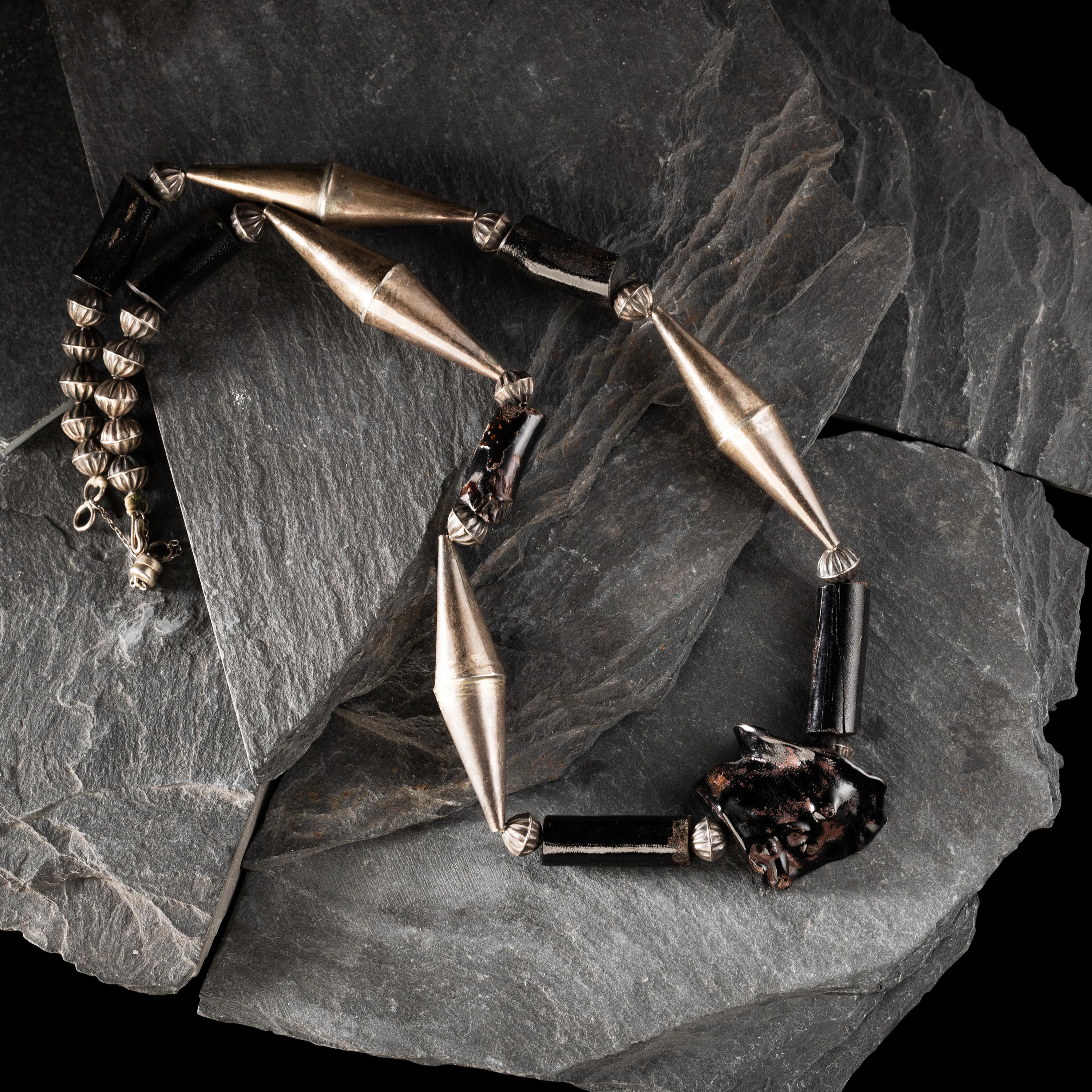 Joe H. Quintana, Attributed (Cochiti, 1915-1995) — Sterling Silver and Black Coral Necklace