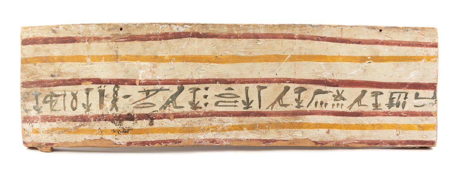 An Egyptian Painted Wood Coffin Panel Height 37 x width 10 1/2 inches. — LATE PERIOD TO PTOLEMAIC PERIOD, 664-30 B.C.E.