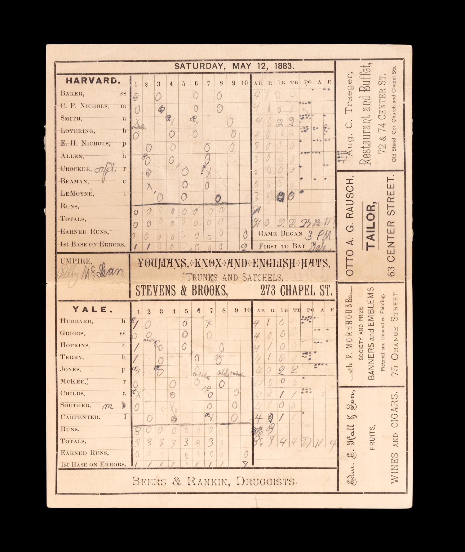 A Rare May 12, 1883 Harvard vs. Yale Baseball Scorecard Program,