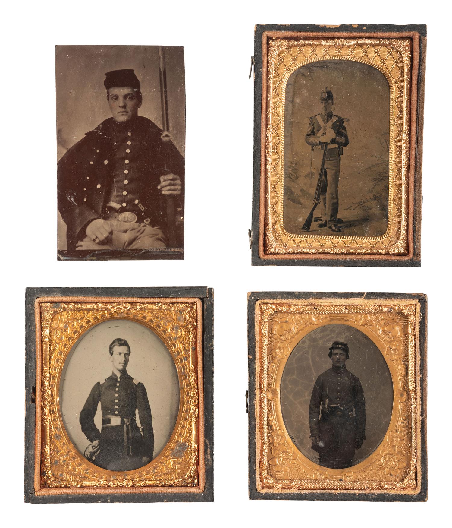 [CIVIL WAR]. A group of 4 images of armed soldiers, incl. period copy ambrotype of officer with sword.