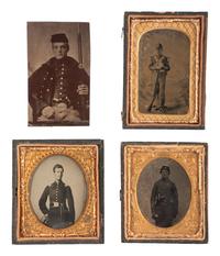 [CIVIL WAR]. A group of 4 images of armed soldiers, incl. period copy ambrotype of officer with sword.