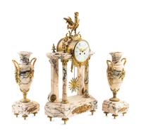 A French Gilt Bronze and Marble Three-Piece Clock Garniture